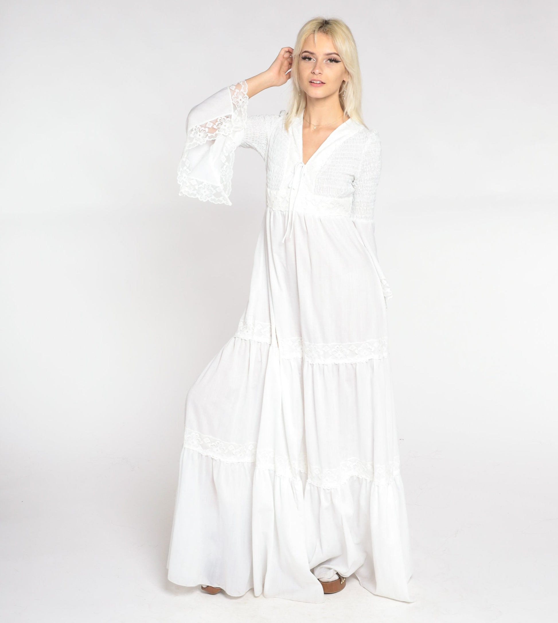 70s White Maxi Dress Angel Bell Sleeve V Neck Empire Waist Smocked Small