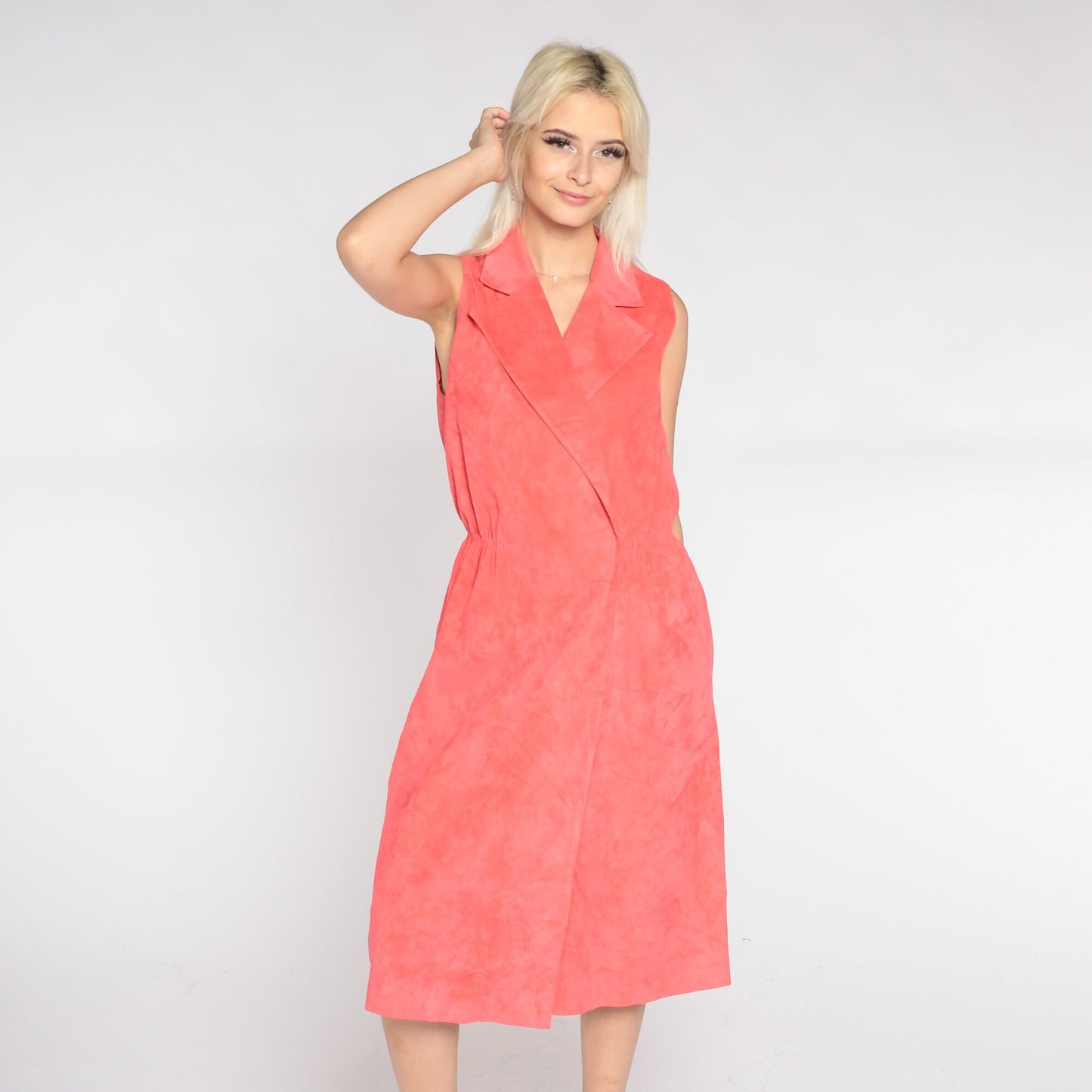 80s Salmon Pink Faux Suede Midi Dress Collared V-Neck Wrap High Waist Medium Large