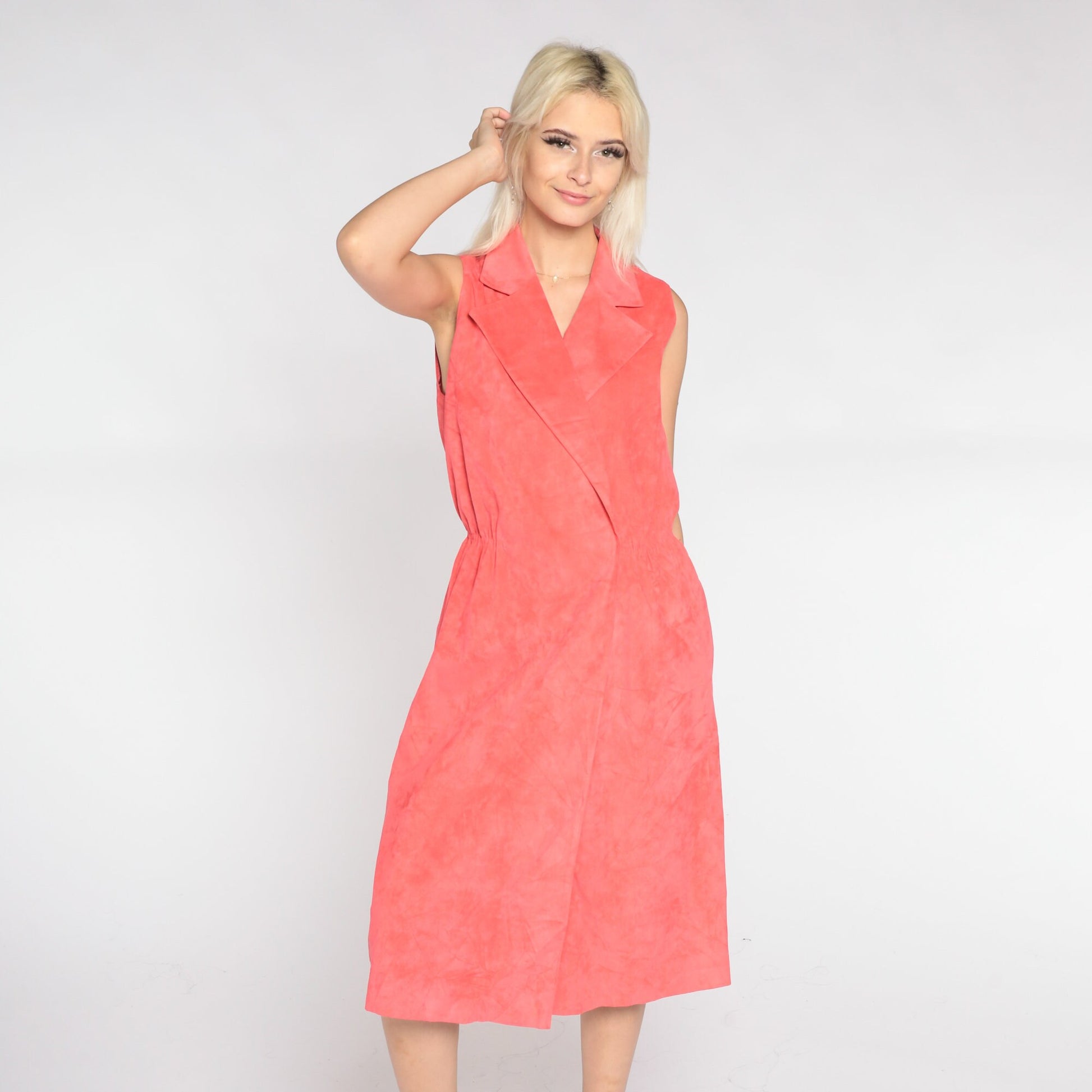 80s Salmon Pink Faux Suede Midi Dress Collared V-Neck Wrap High Waist Medium Large