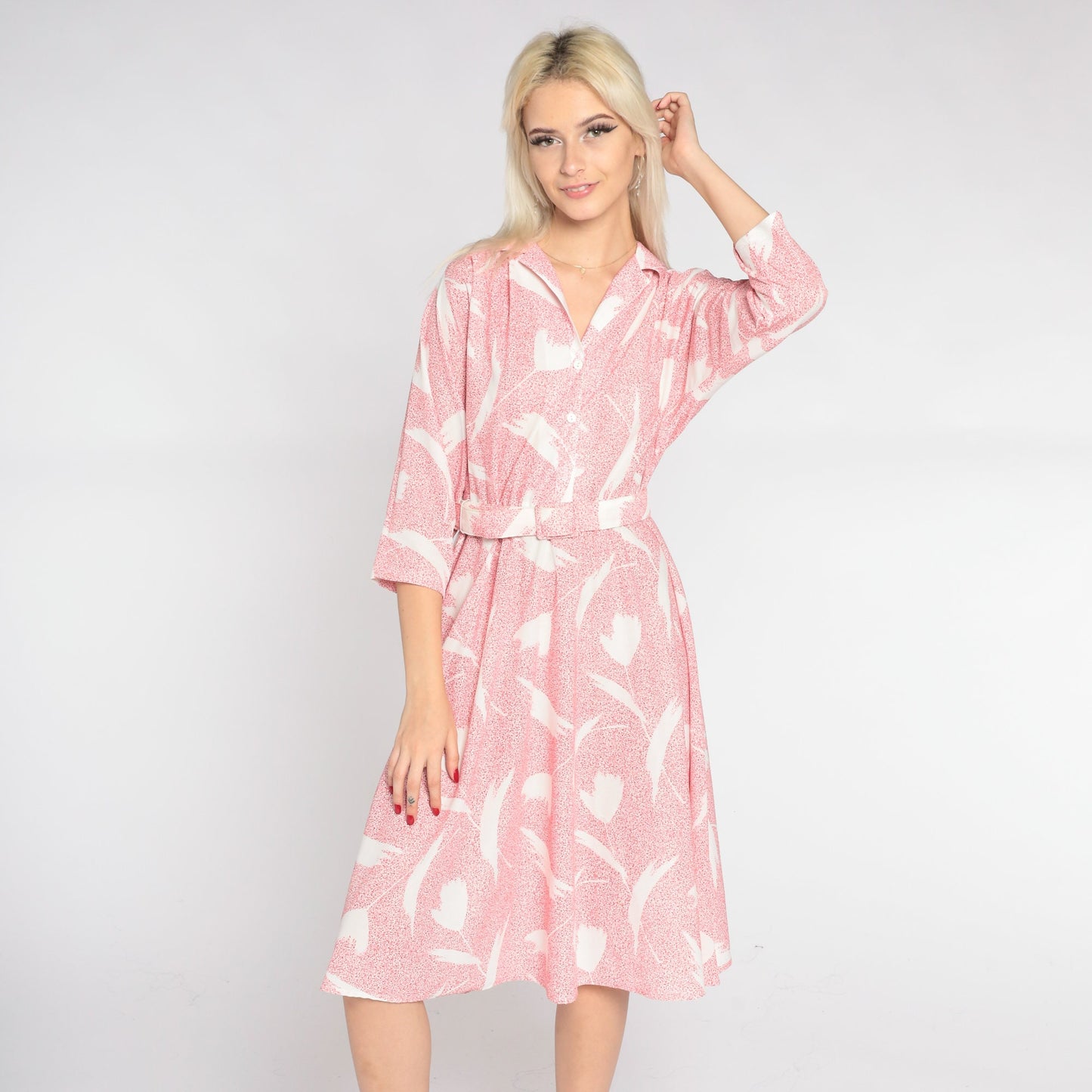 80s Red White Abstract Floral Midi Shirtwaist Dress Collared 3/4 Sleeve Medium Large