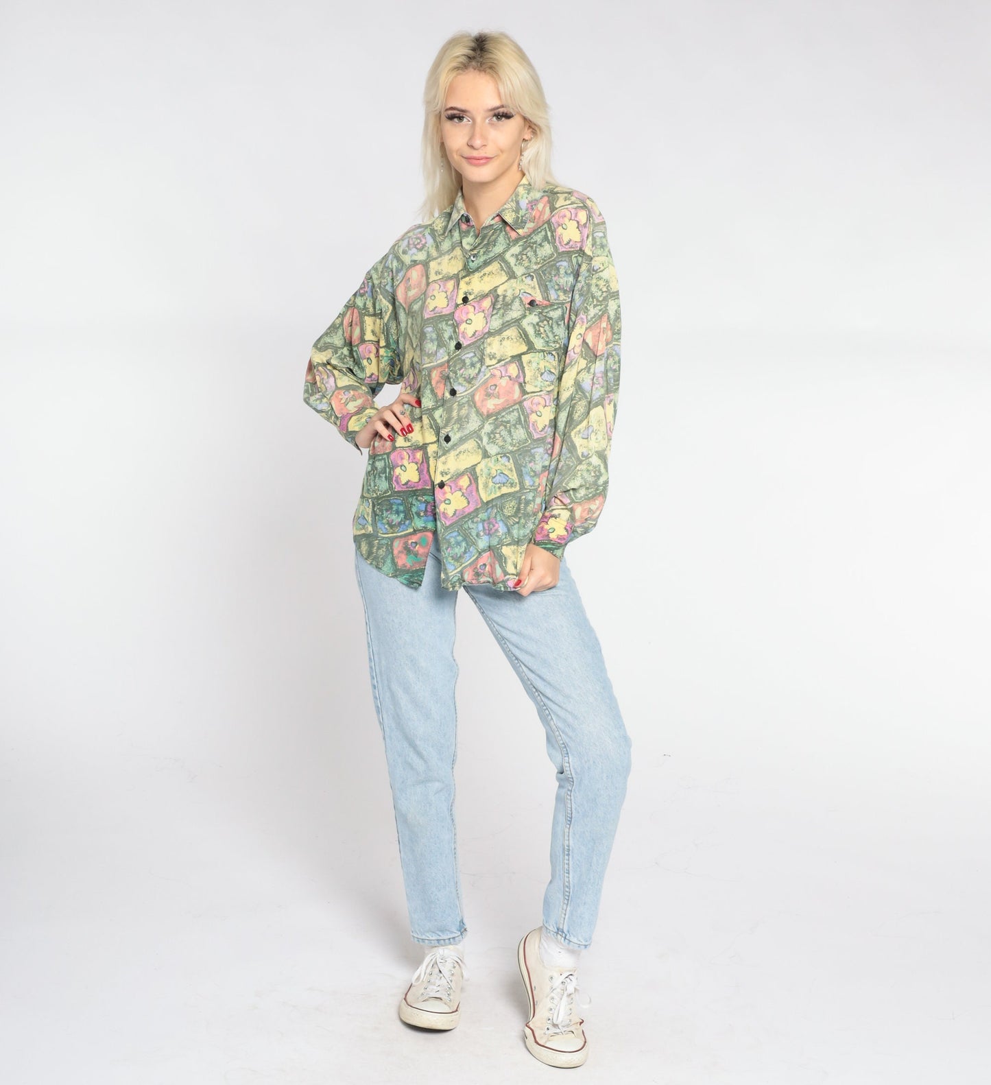 90s Abstract Floral Button-Up Shirt Long Sleeve Collared Green Yellow Pink Medium
