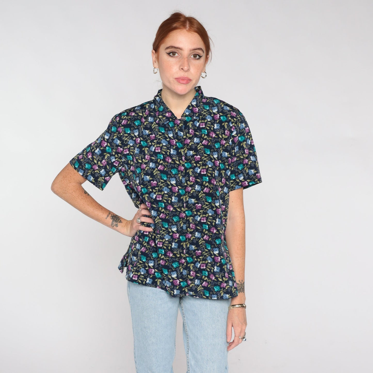 00s Floral Button Up Blouse Navy Short Sleeve Shoulder Pad Top Medium