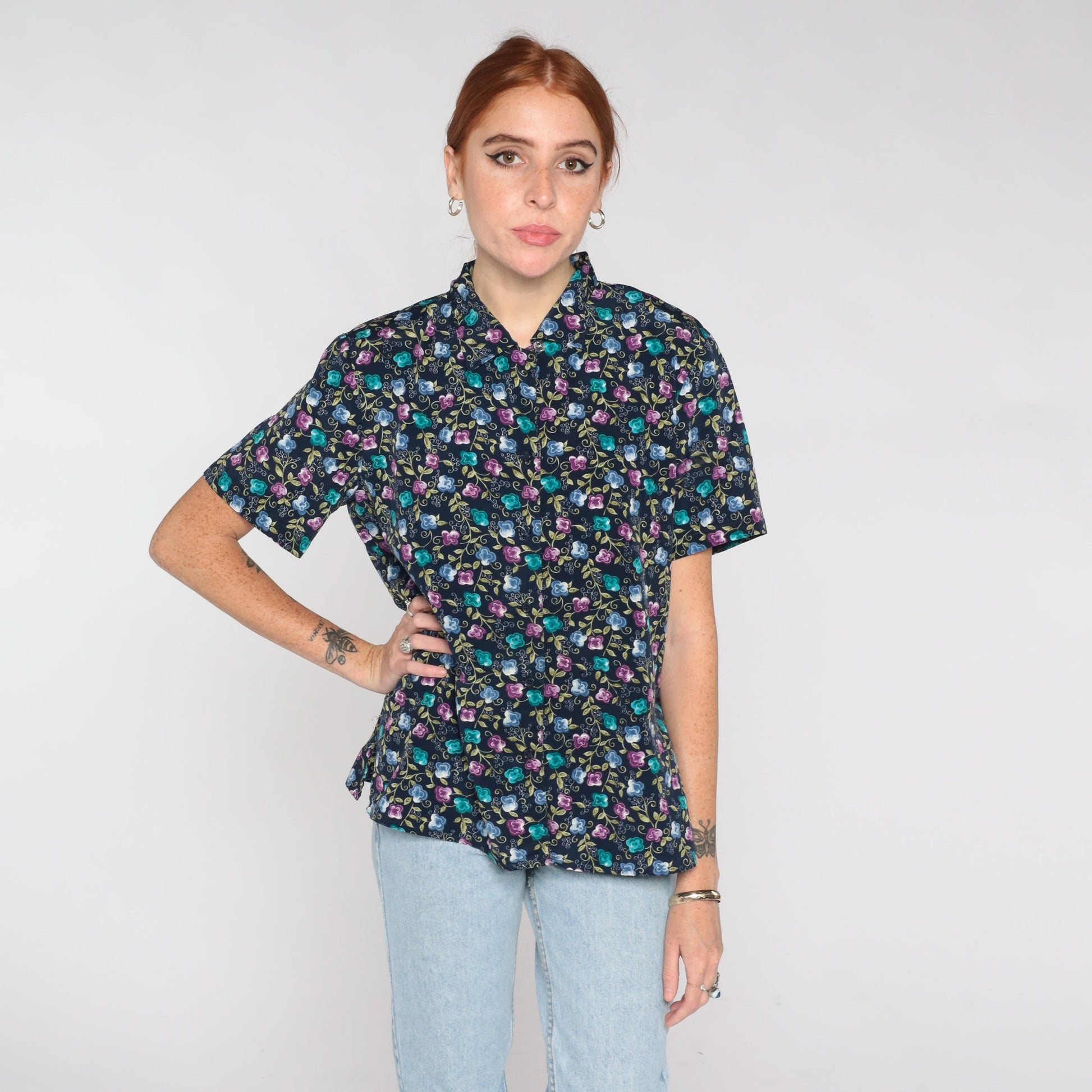 00s Floral Button Up Blouse Navy Short Sleeve Shoulder Pad Top Medium
