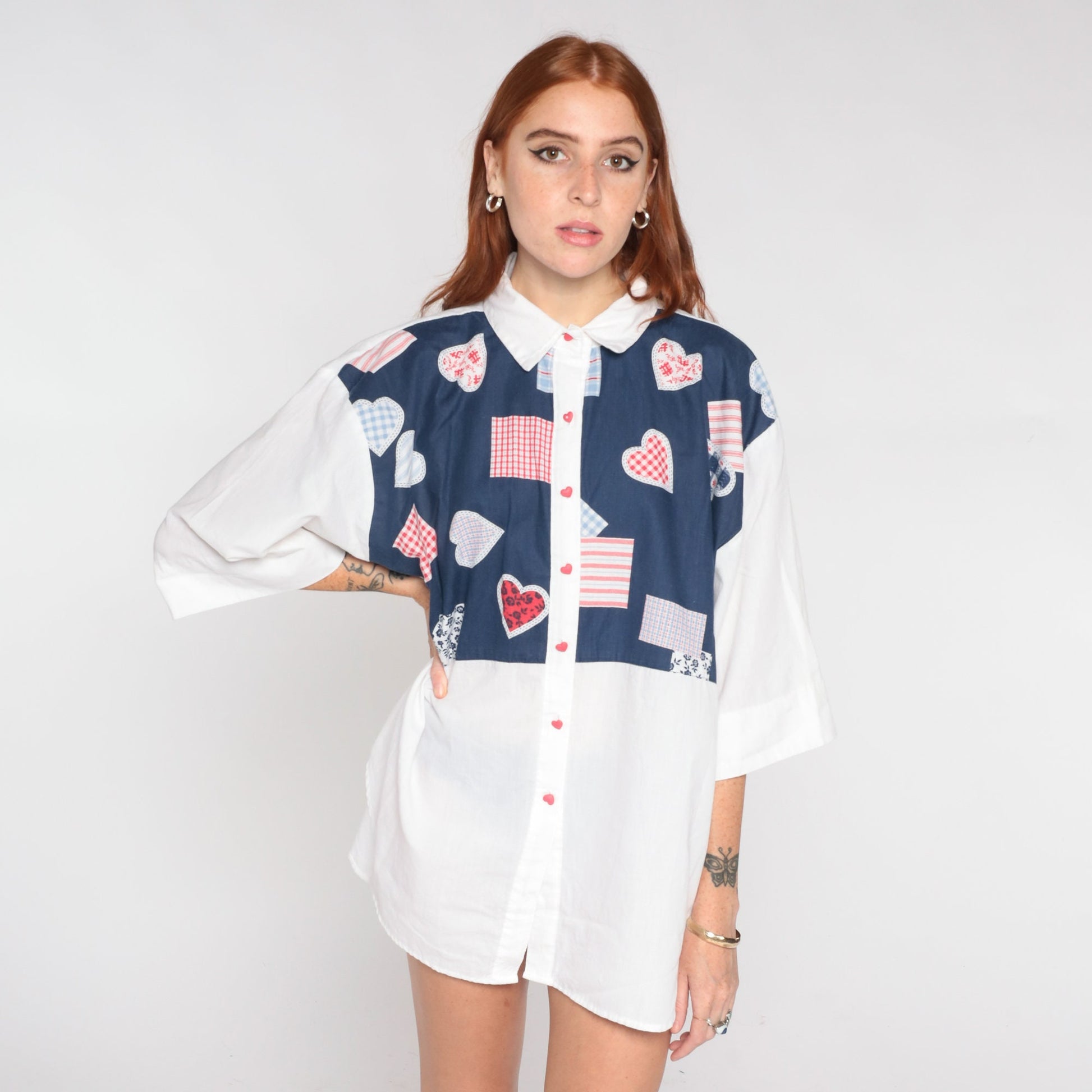 80s Heart Print Button Up Blouse Blue White 3/4 Sleeve Plus Size XXL