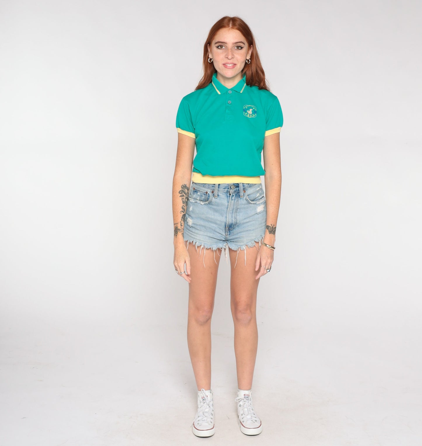 90s Green Polo Shirt Squirrel Copa Crest Cropped Quarter Button Short Sleeve Extra Small