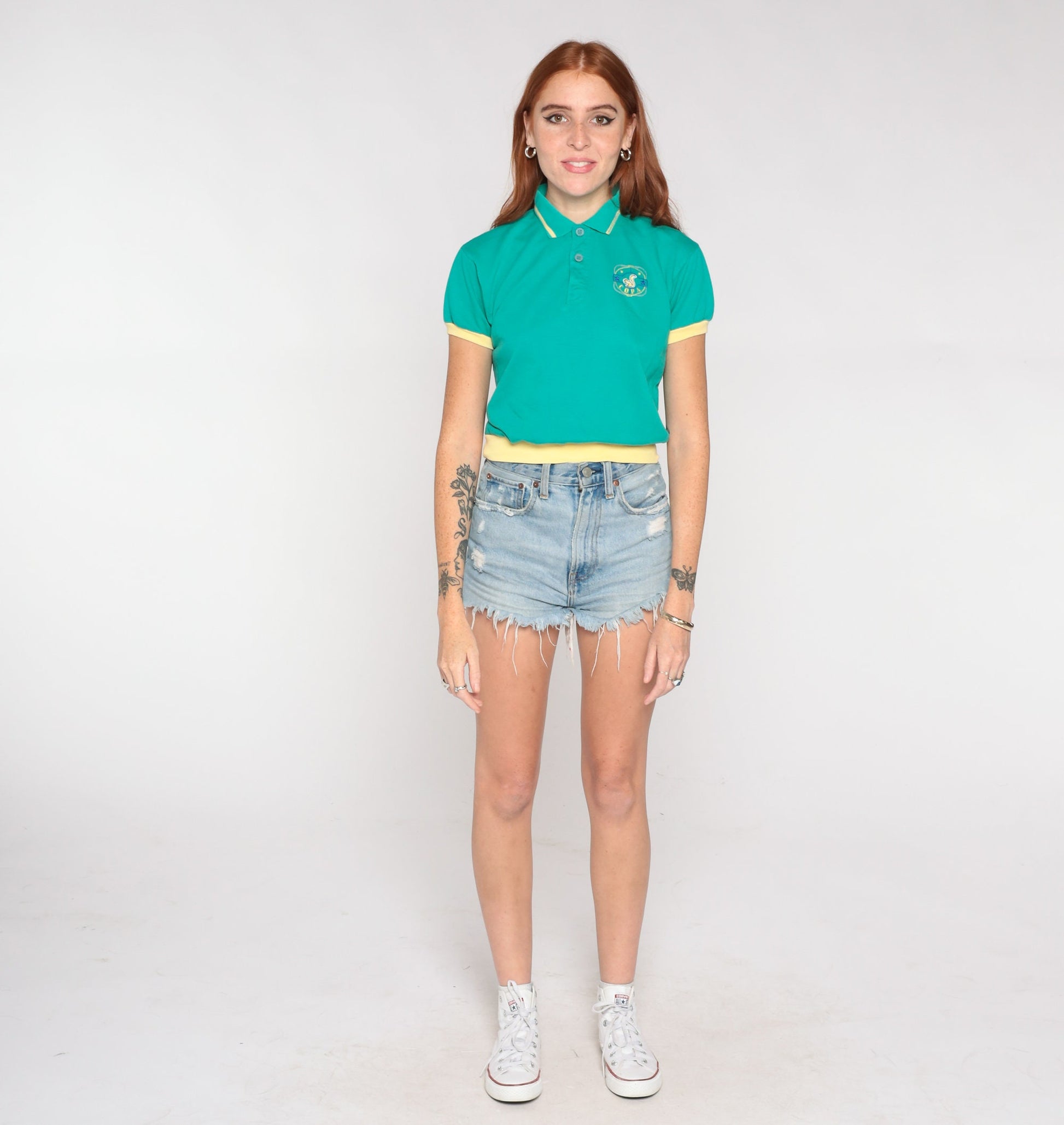 90s Green Polo Shirt Squirrel Copa Crest Cropped Quarter Button Short Sleeve Extra Small