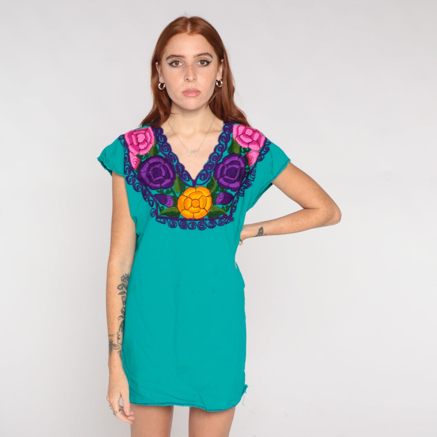 Mexican Embroidered Floral Blouse Teal Green Tunic V-Neck Cap Sleeve Small Medium
