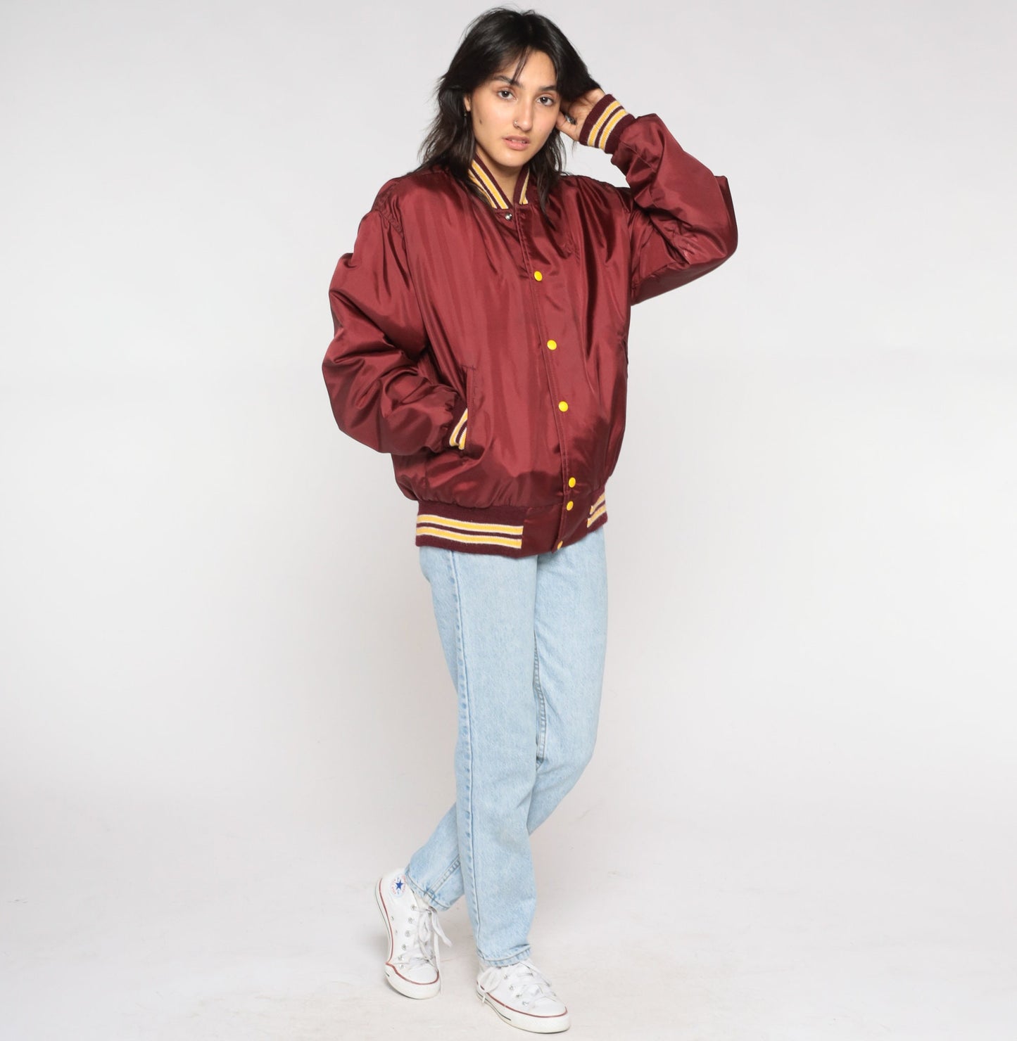 80s Schmidt's Dist Co Winoma Bomber Jacket Burgundy Snap Baseball Coat Medium