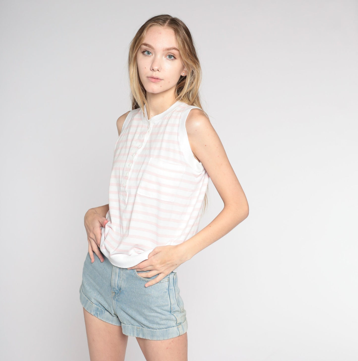 80s Pink White Striped Tank Top Cotton Henley Pocket Small