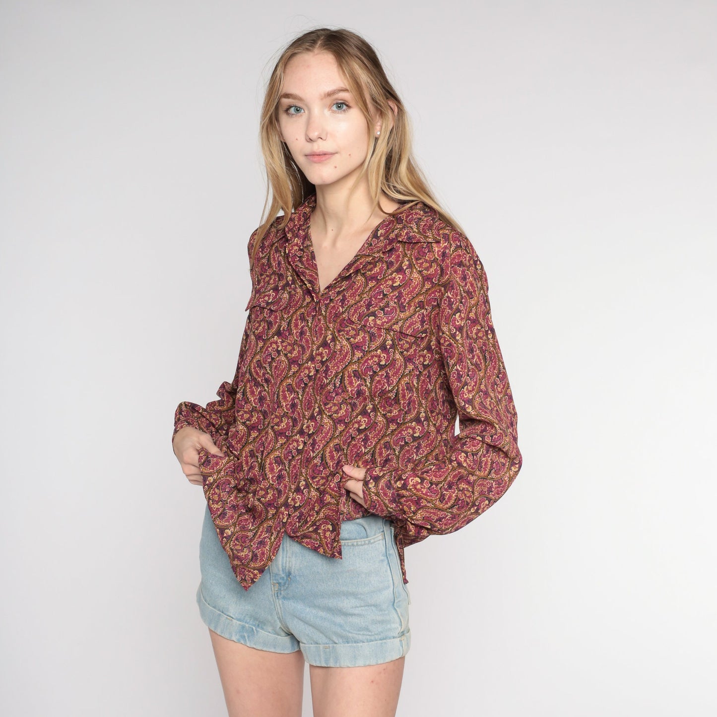 90s Paisley Button-Up Blouse Long Sleeve Purple Pink Tan Medium