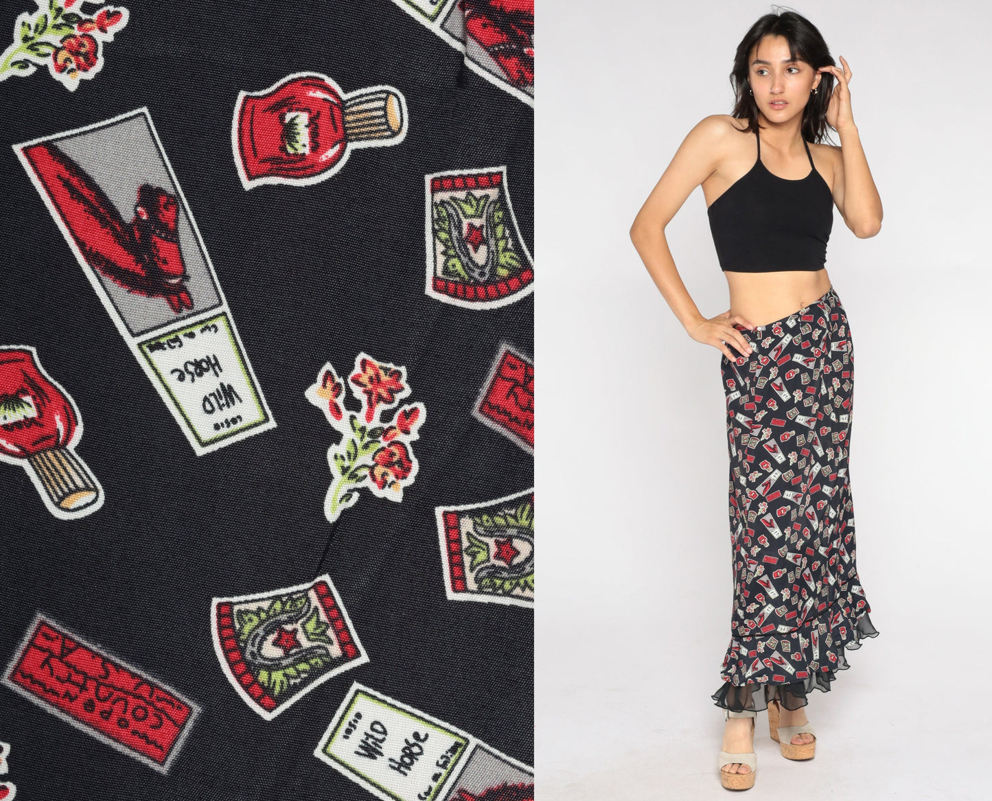 00s Wild Horse Maxi Skirt Black High Waist Ruffled Hem Small