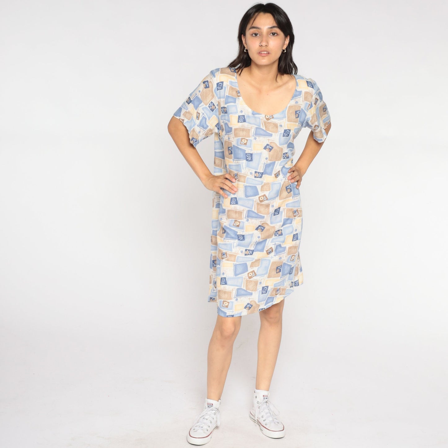 90s Checkered Floral Mini Dress Blue Tan Shift Short Sleeve Extra Large XXL