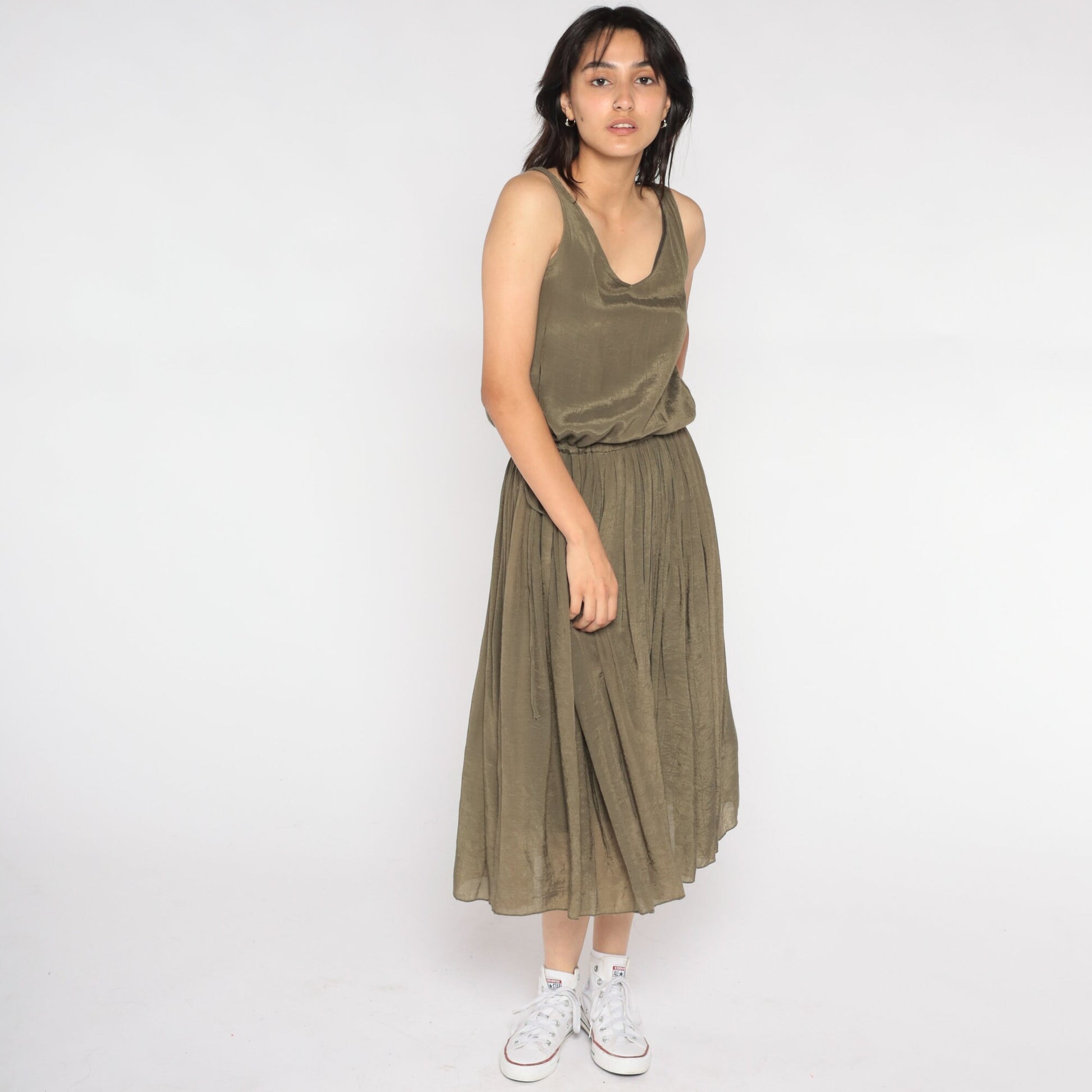 Y2K Metallic Bronze Midi Dress Sleeveless Pleated High Waist Small S