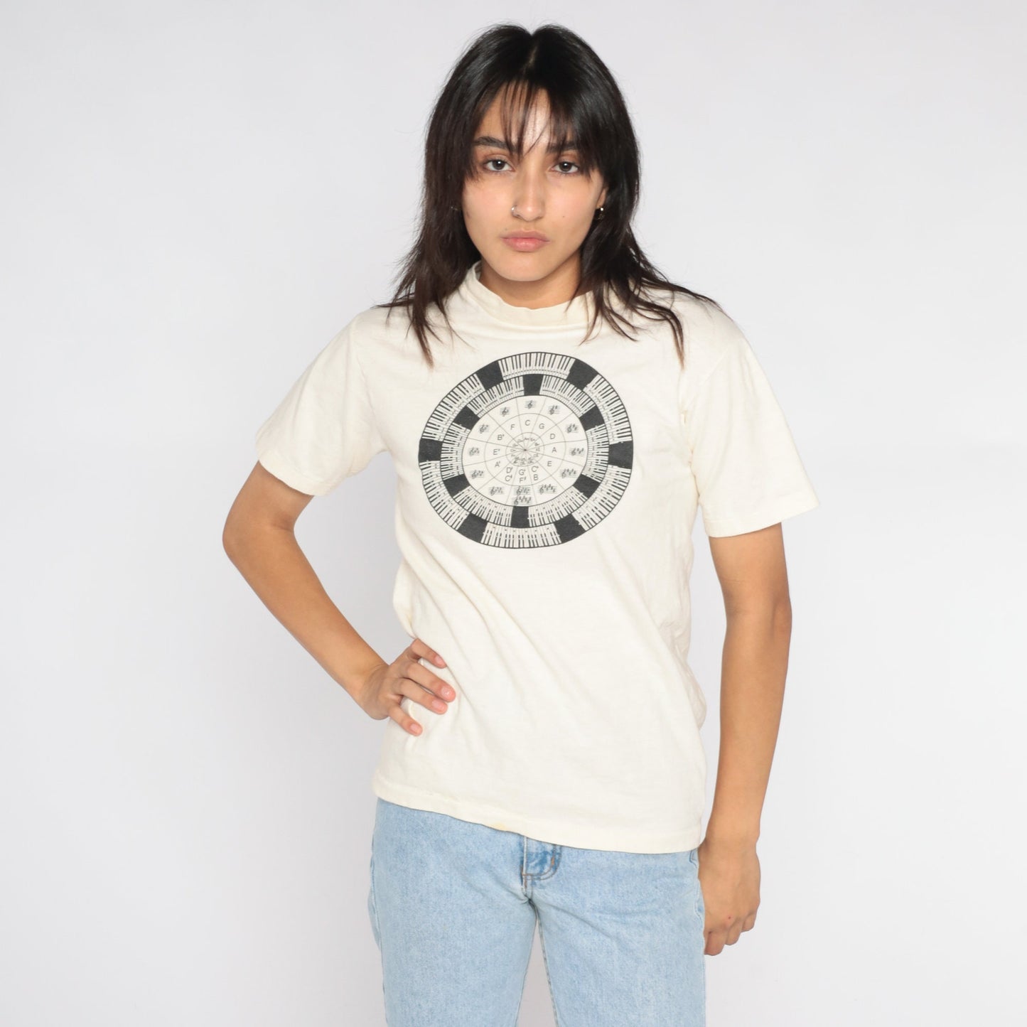 90s Circle of Fifths Music Theory Graphic T-Shirt Cream Cotton Small S