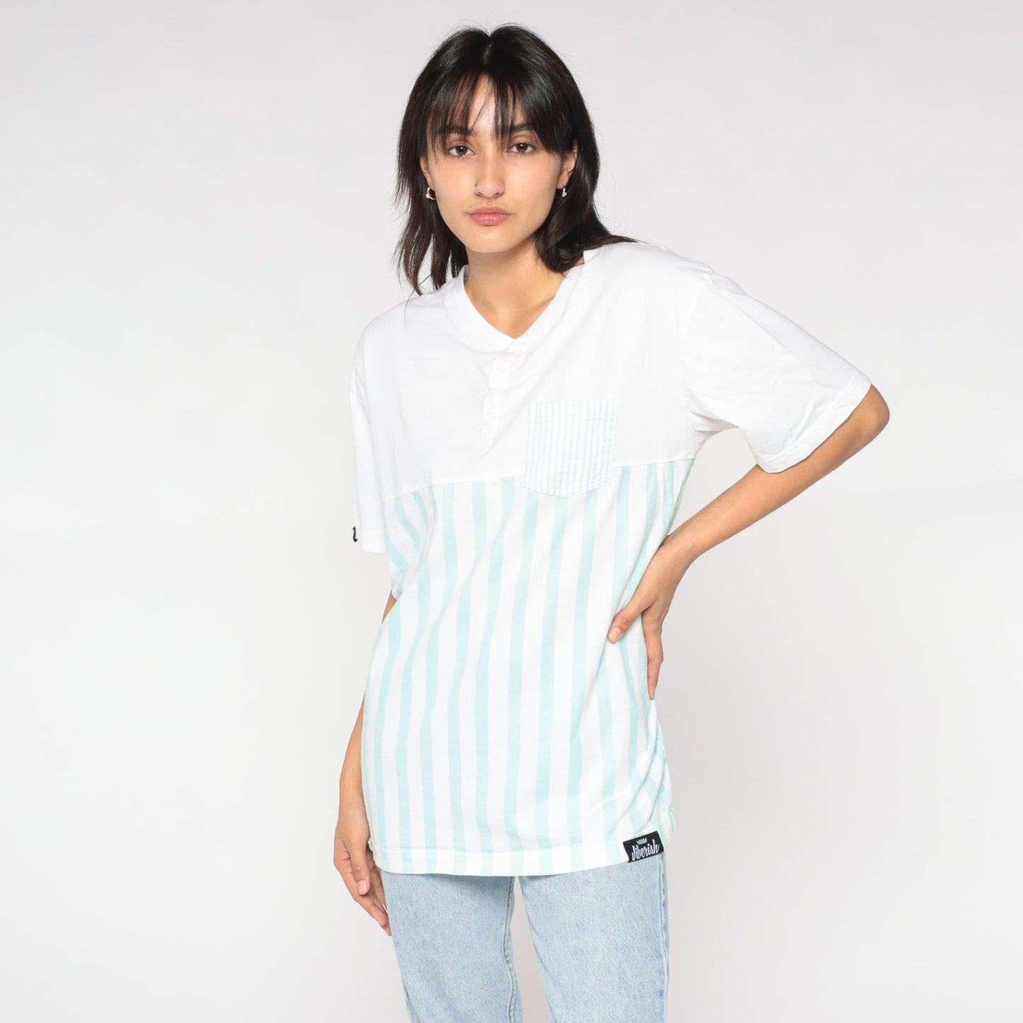 90s Striped Henley Shirt White Mint Green Short Sleeve Button Pocket Tee Large