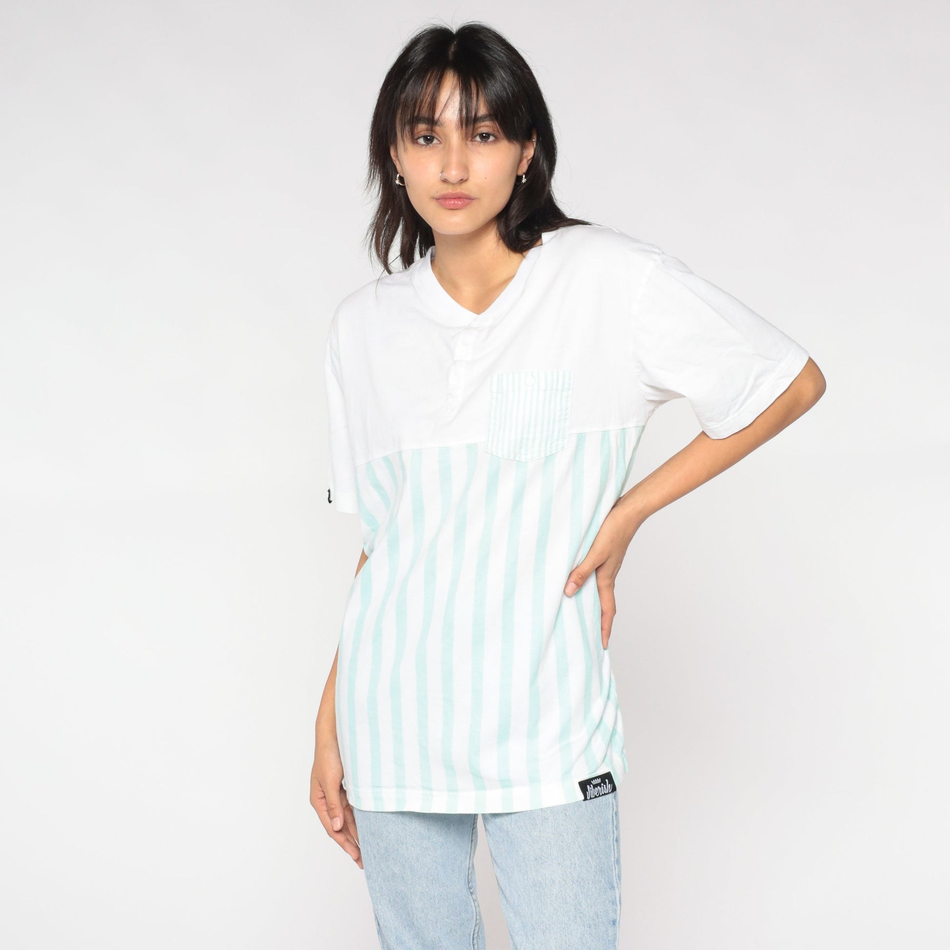 90s Striped Henley Shirt White Mint Green Short Sleeve Button Pocket Tee Large