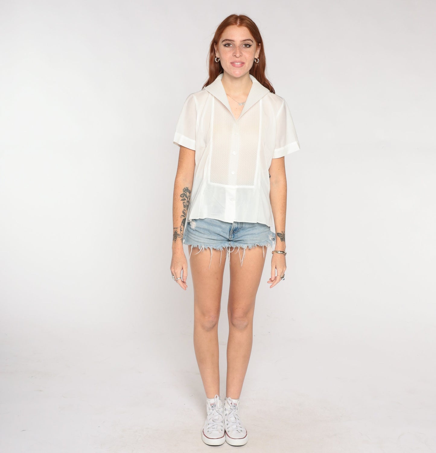 60s White Nylon Sheer Blouse Button-Up Short Sleeve Collar Top Medium