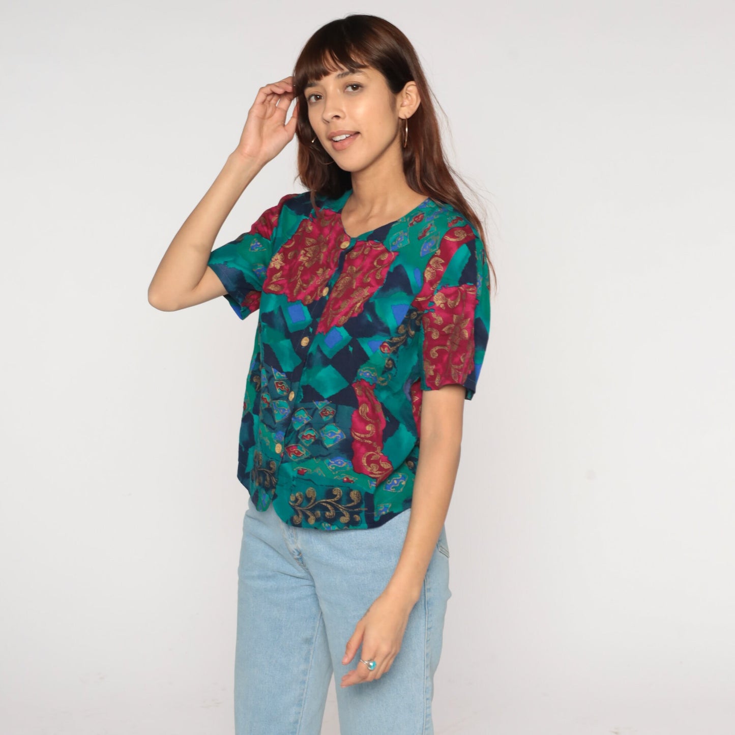 90s Fritzie Abstract Floral Geometric Button-Up Blouse Short Sleeve Small