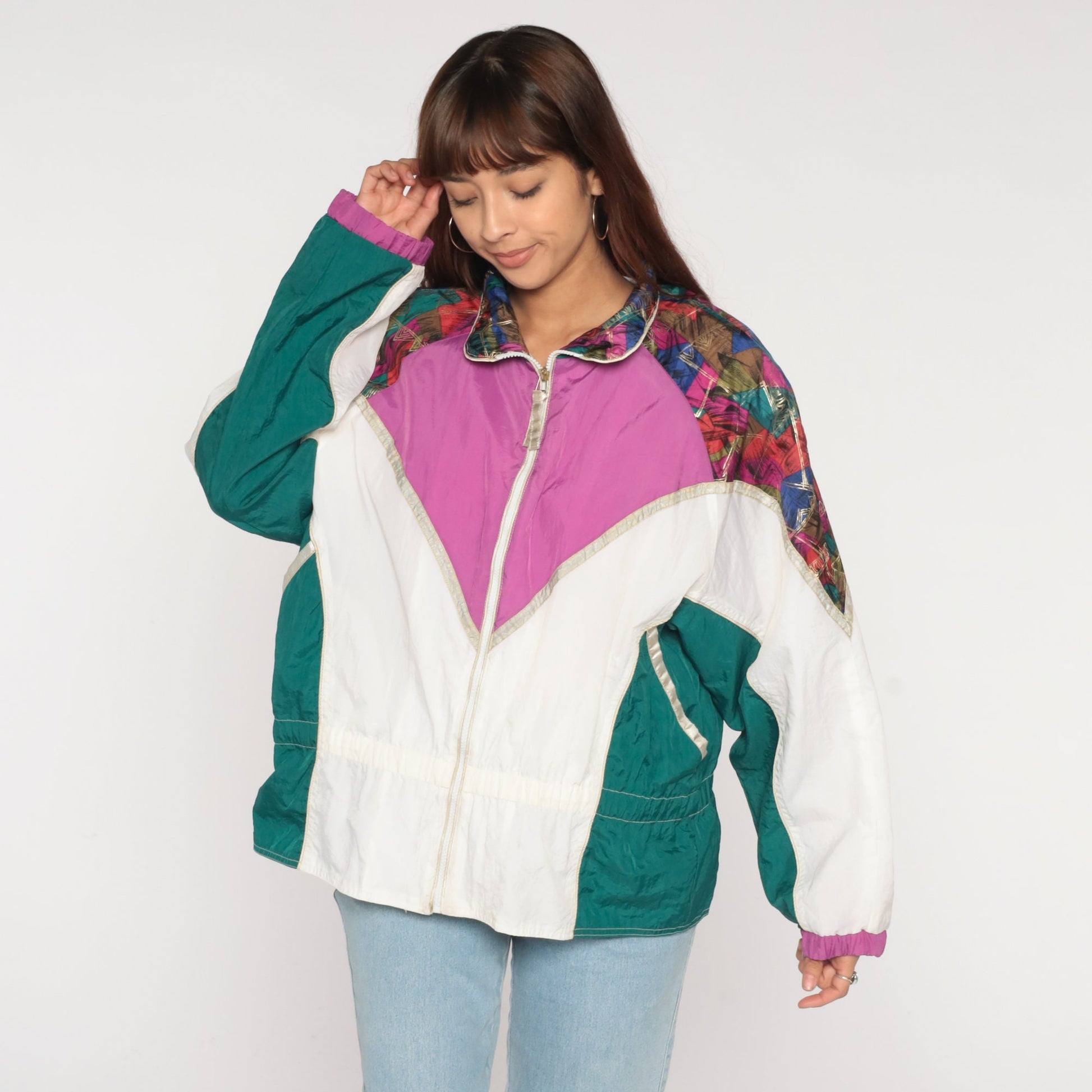 90s Color Block Windbreaker Zip Up Jacket Purple White Green Abstract Nylon Large