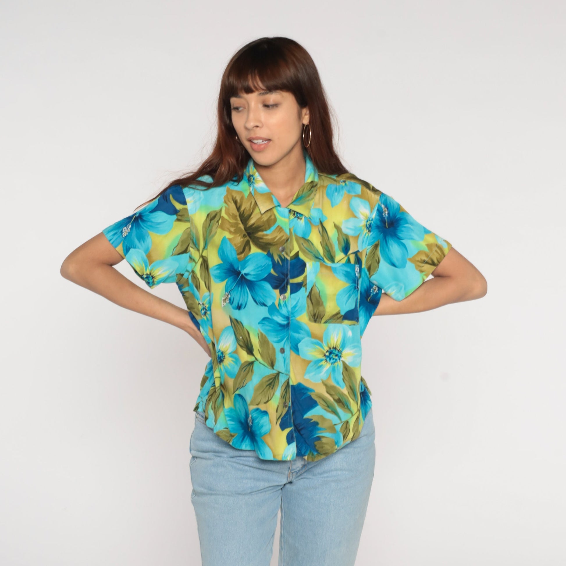 Y2K Liz Claiborne Tropical Floral Button-Up Blouse Blue Green Hibiscus Large L