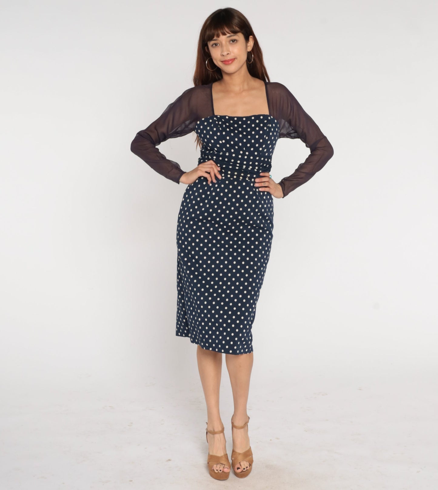 1960s Navy Polka Dot Midi Pencil Dress Sheer Sleeve Keyhole Small