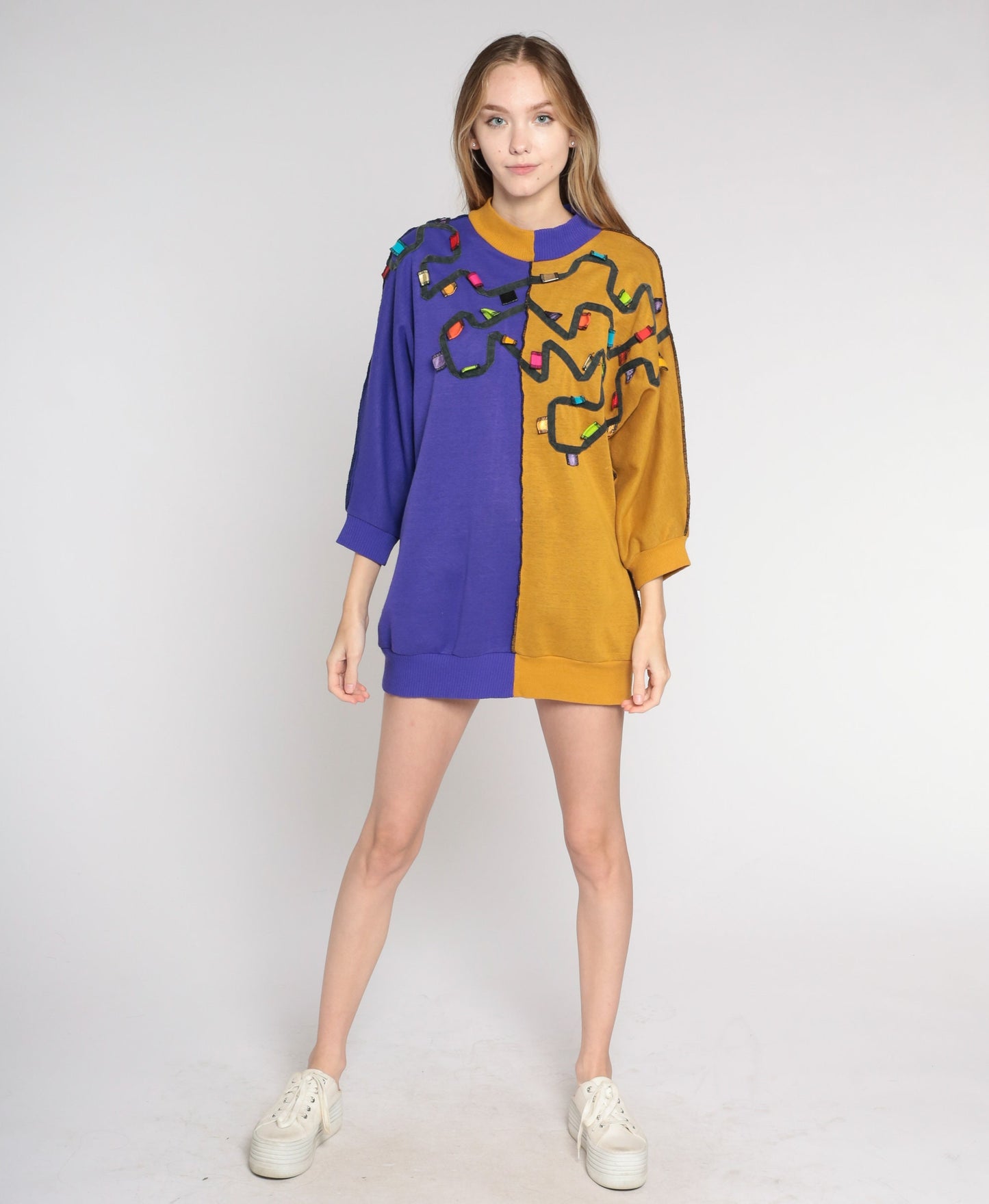 80s Color Block Sweatshirt Purple Mustard Crewneck Pullover Medium M