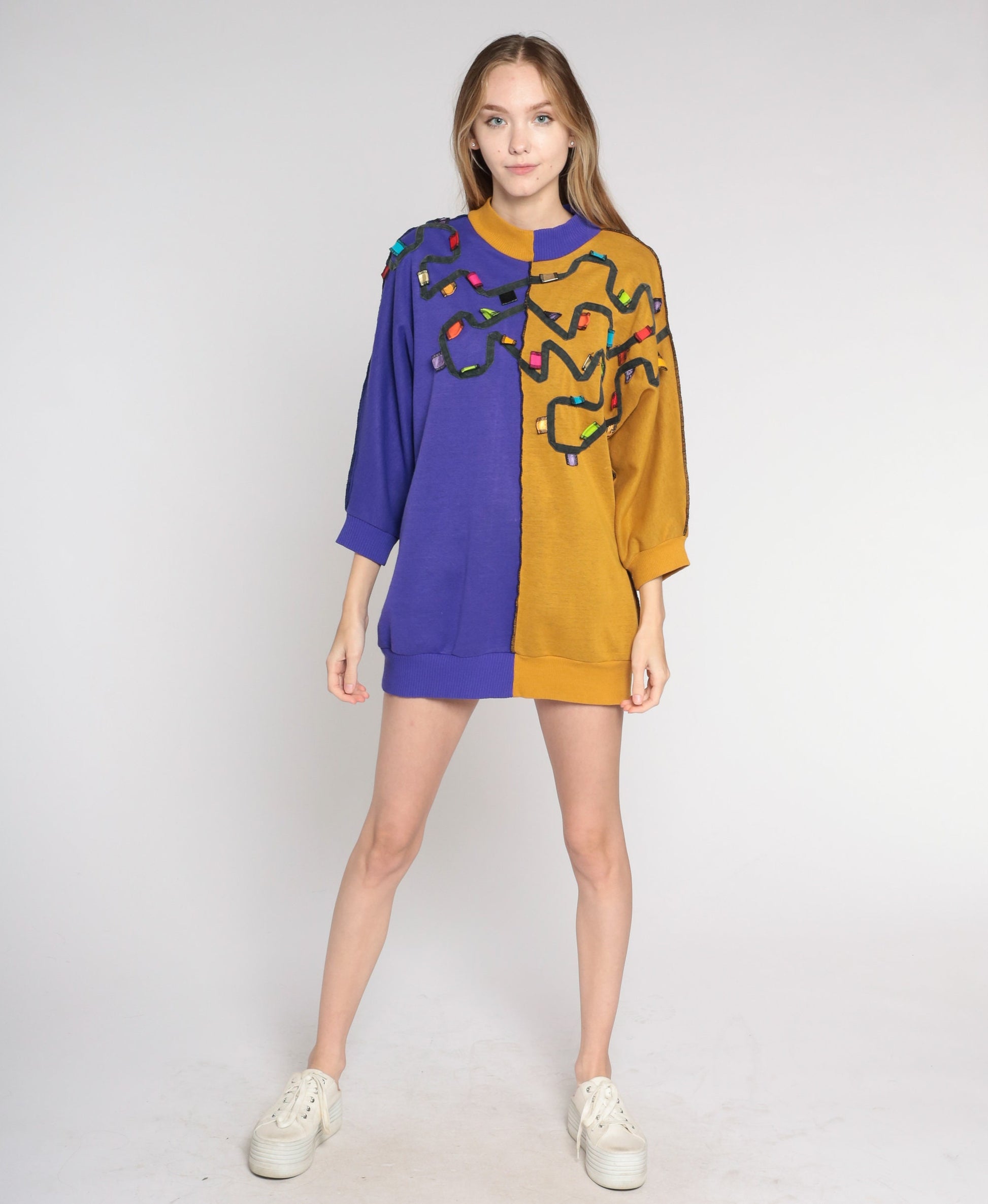 80s Color Block Sweatshirt Purple Mustard Crewneck Pullover Medium M