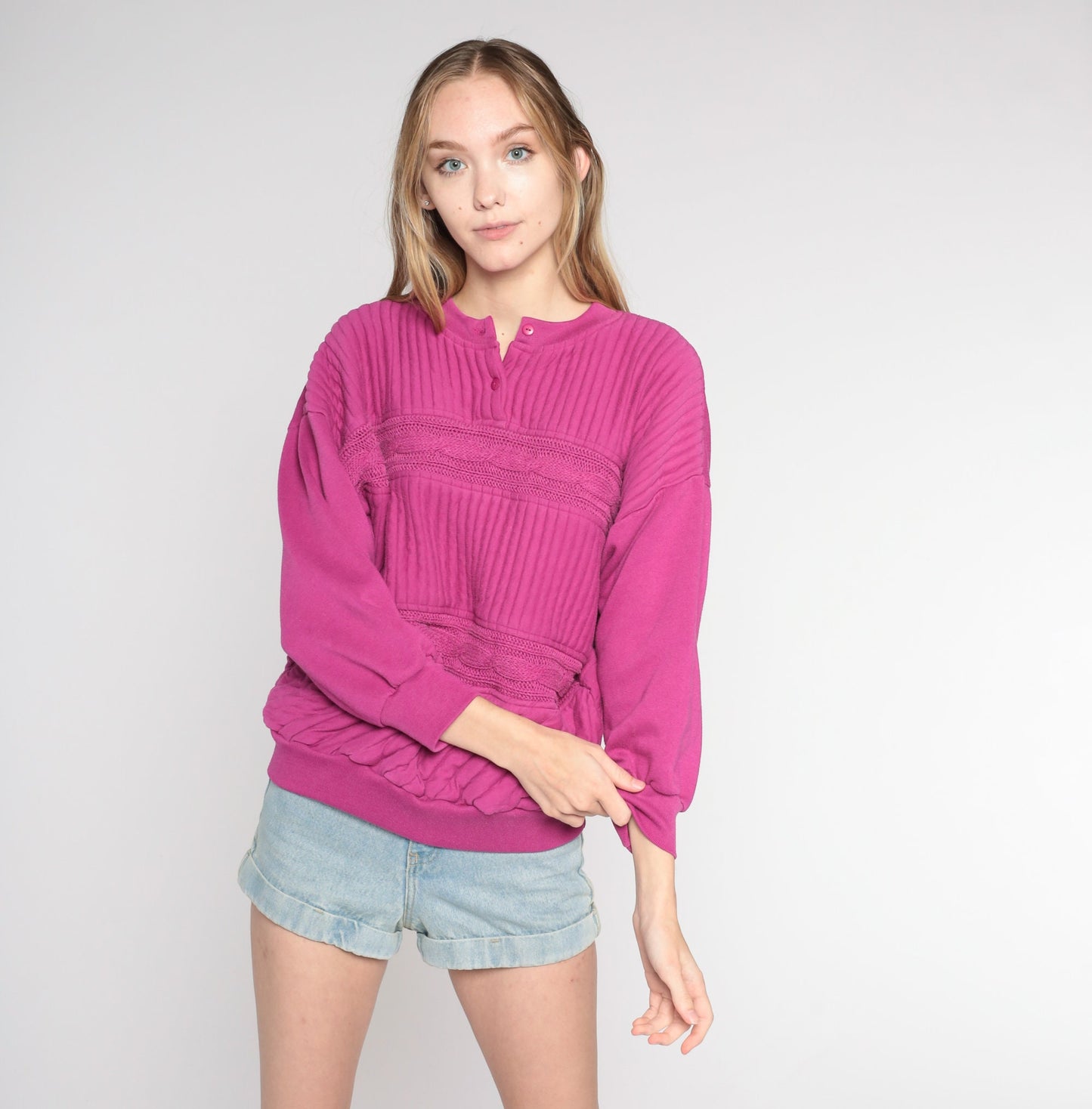 90s Quilted Cable Knit Sweatshirt Fuchsia Henley Pullover Medium M