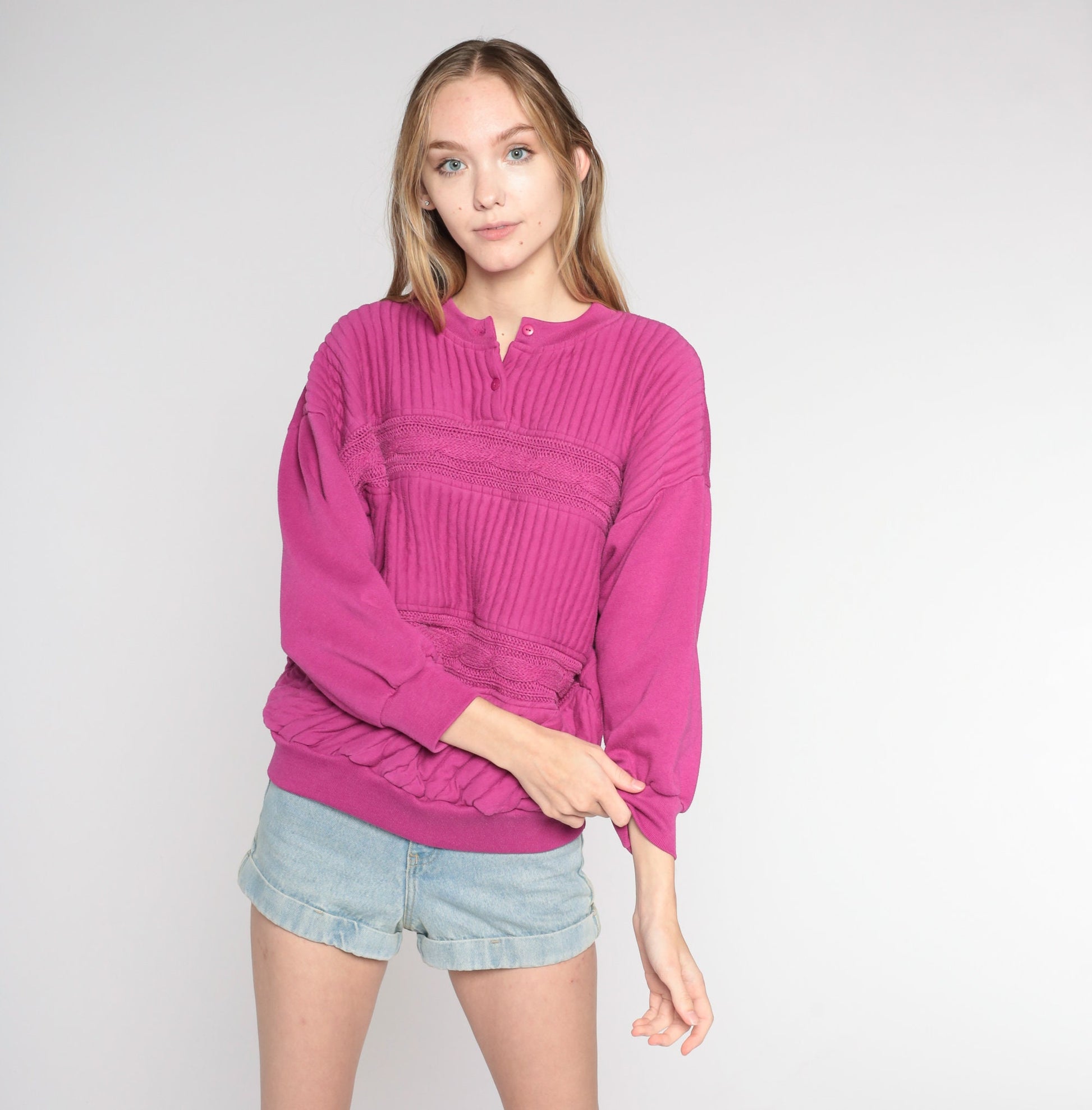90s Quilted Cable Knit Sweatshirt Fuchsia Henley Pullover Medium M