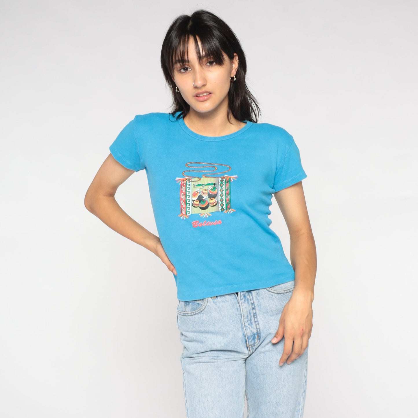 Y2K Bolivia Graphic Baby Tee Blue Bolivian Folk Art Small S