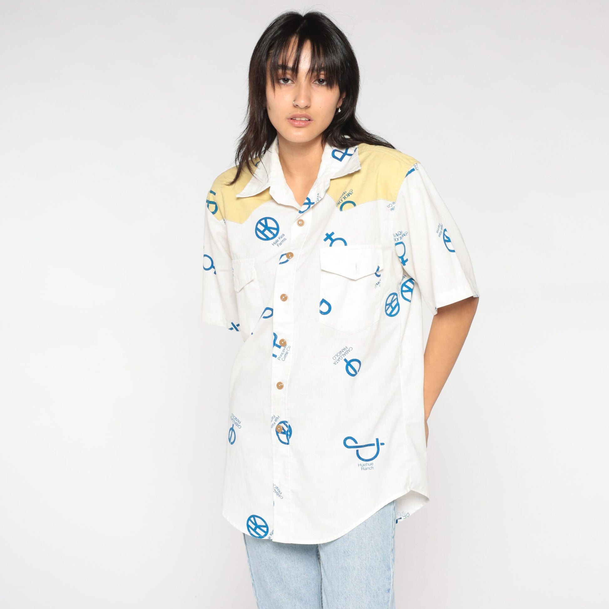 90s Reyn Spooner Cattle Brand Western Shirt White Yellow Yoke Medium