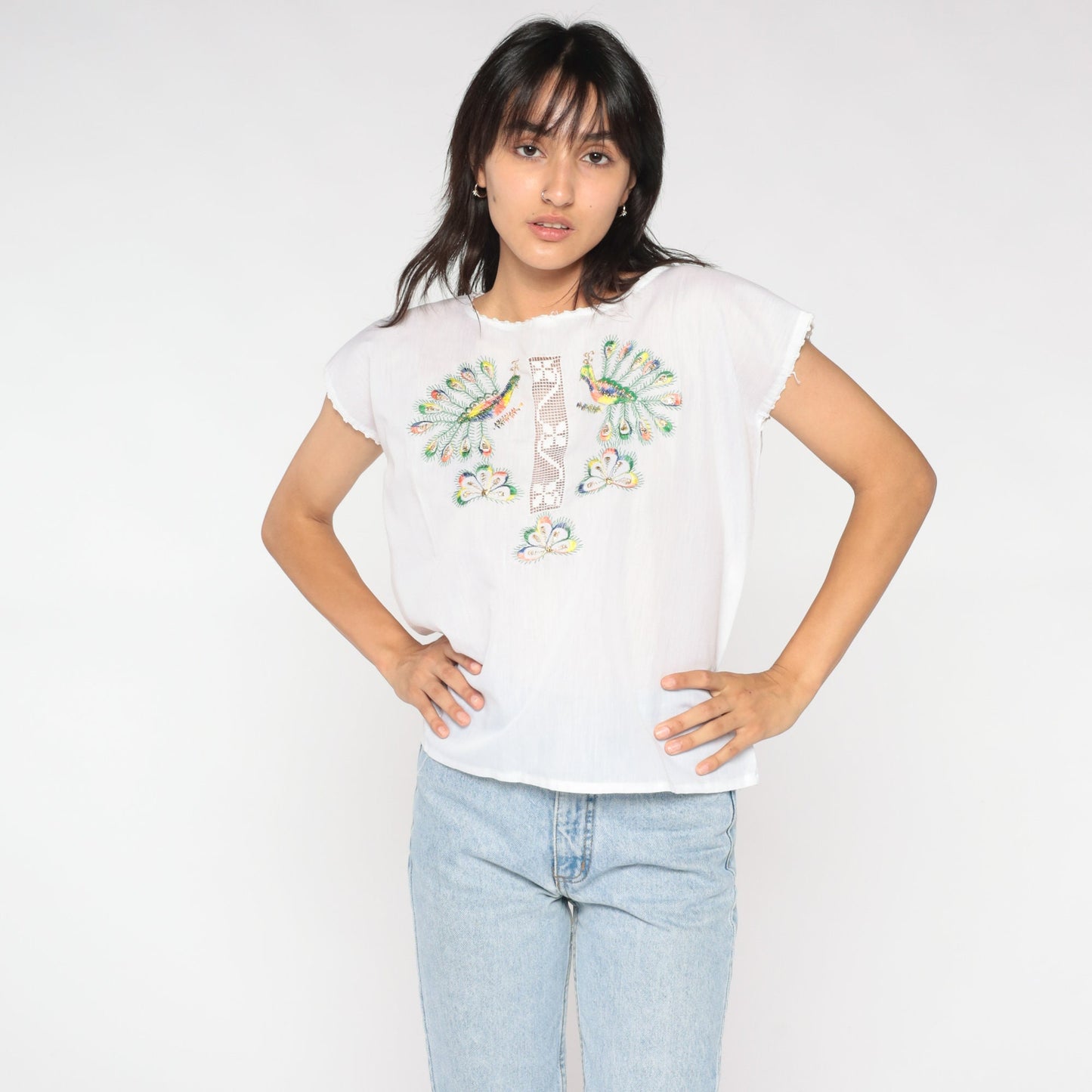 90s White Peacock Embroidered Blouse Metallic Cutout Cap Sleeve Medium
