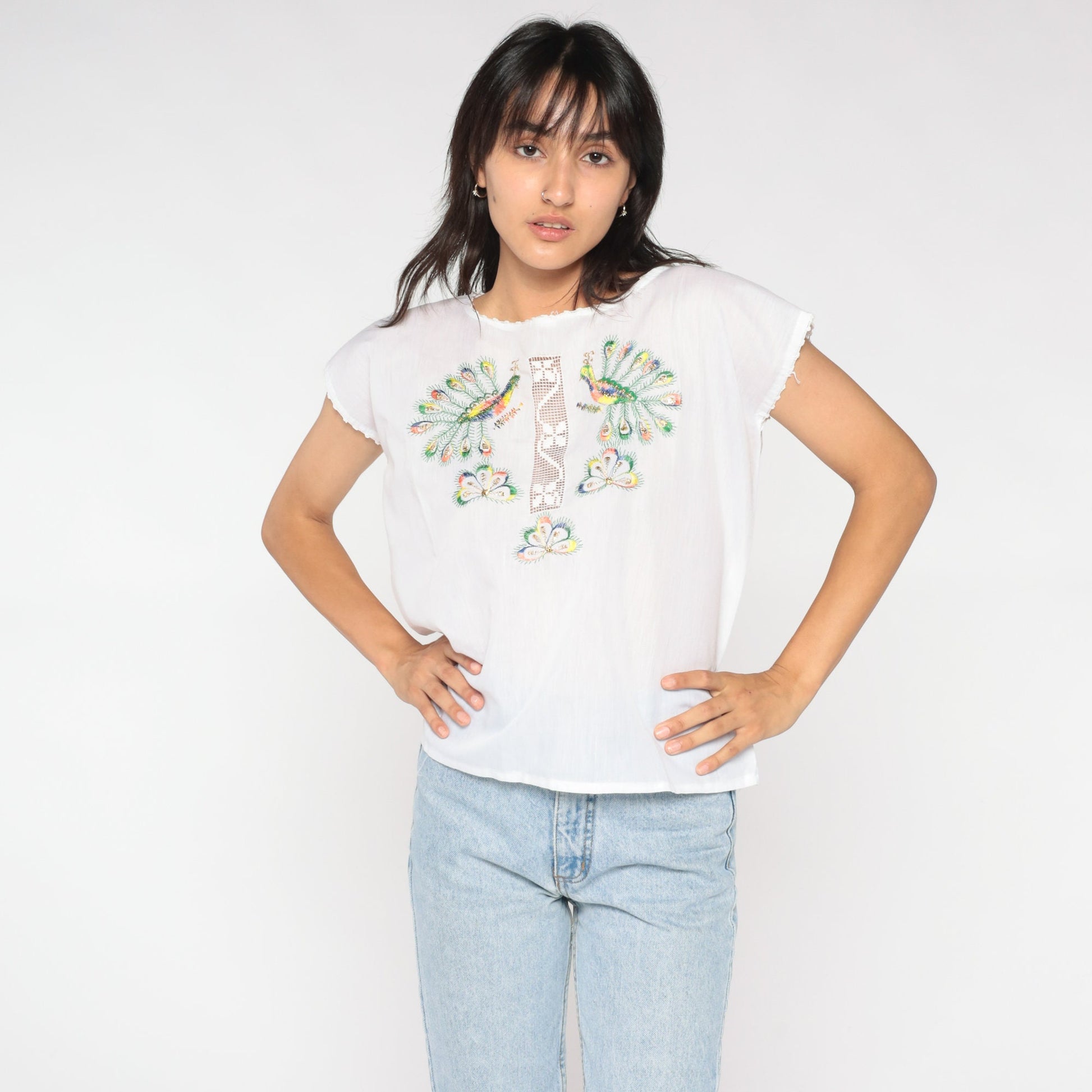 90s White Peacock Embroidered Blouse Metallic Cutout Cap Sleeve Medium