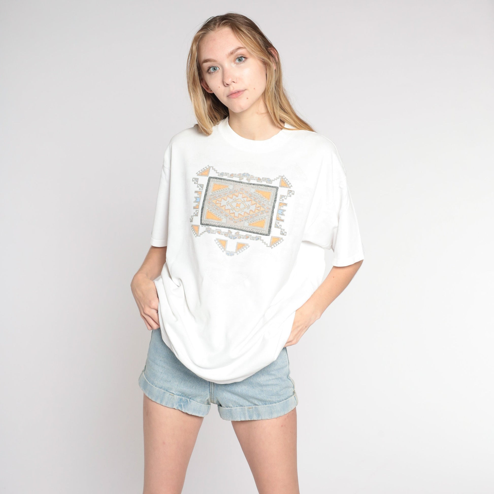 90s Navajo Eye Geometric Print T-Shirt White Cotton Southwestern Graphic Large