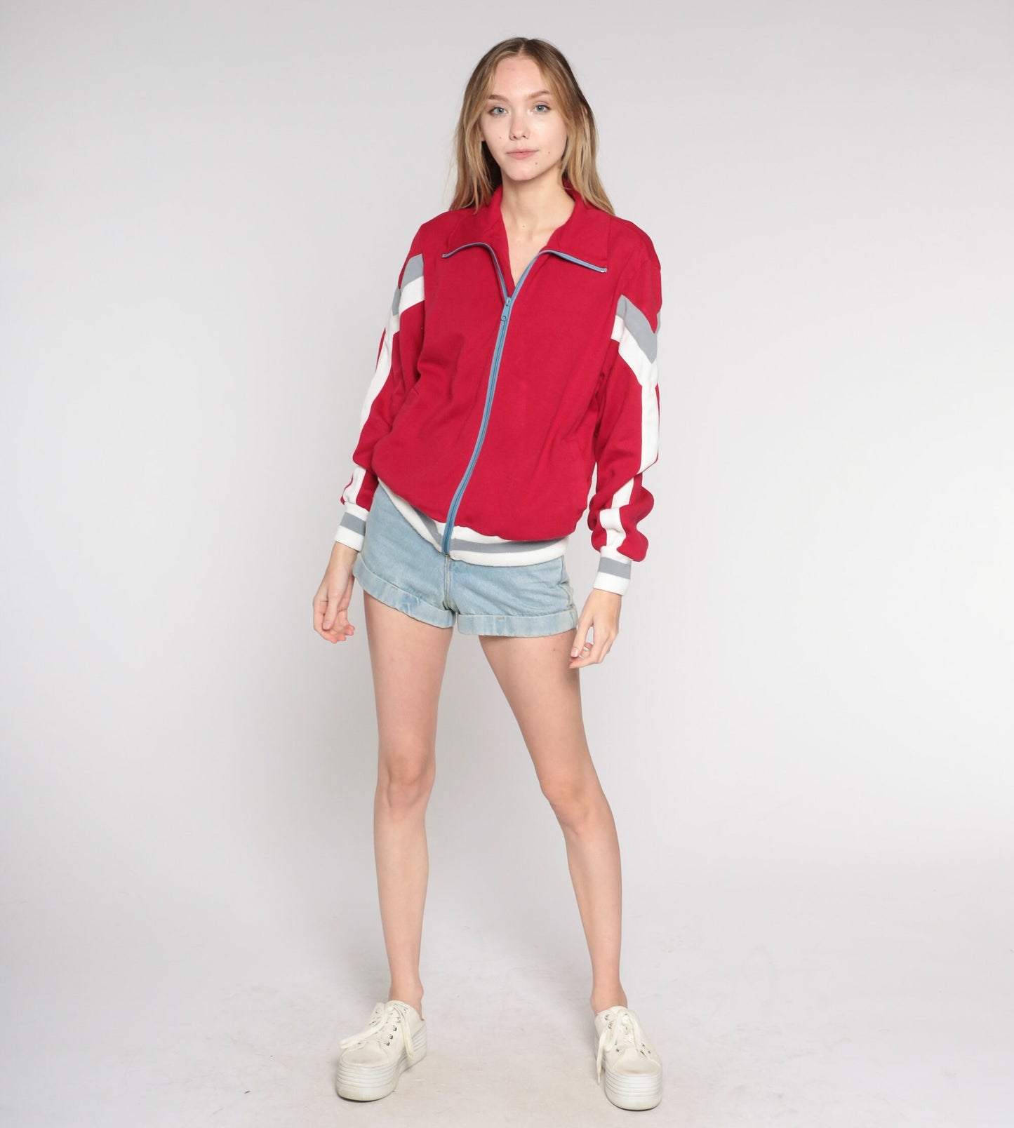80s Red Striped Track Jacket White Stagg Zip Up Bomber Large L