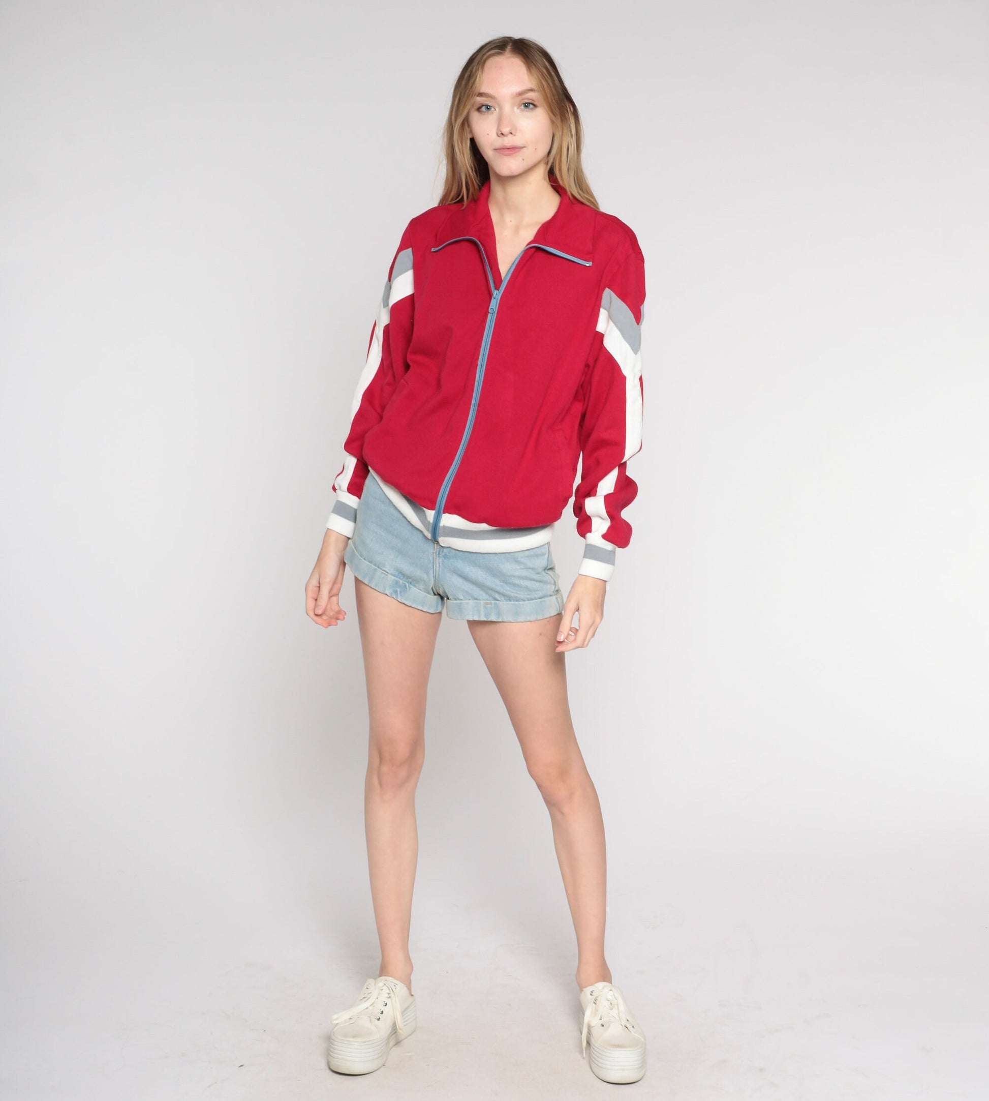 80s Red Striped Track Jacket White Stagg Zip Up Bomber Large L