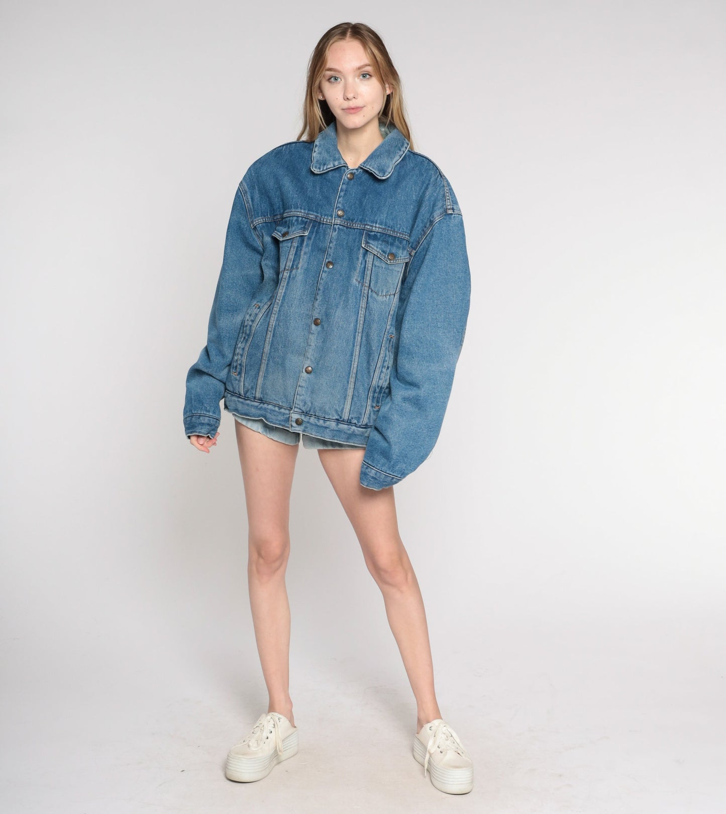 90s Blue Denim Shearling Jacket Faux Sherpa Lined Button Up Extra Large