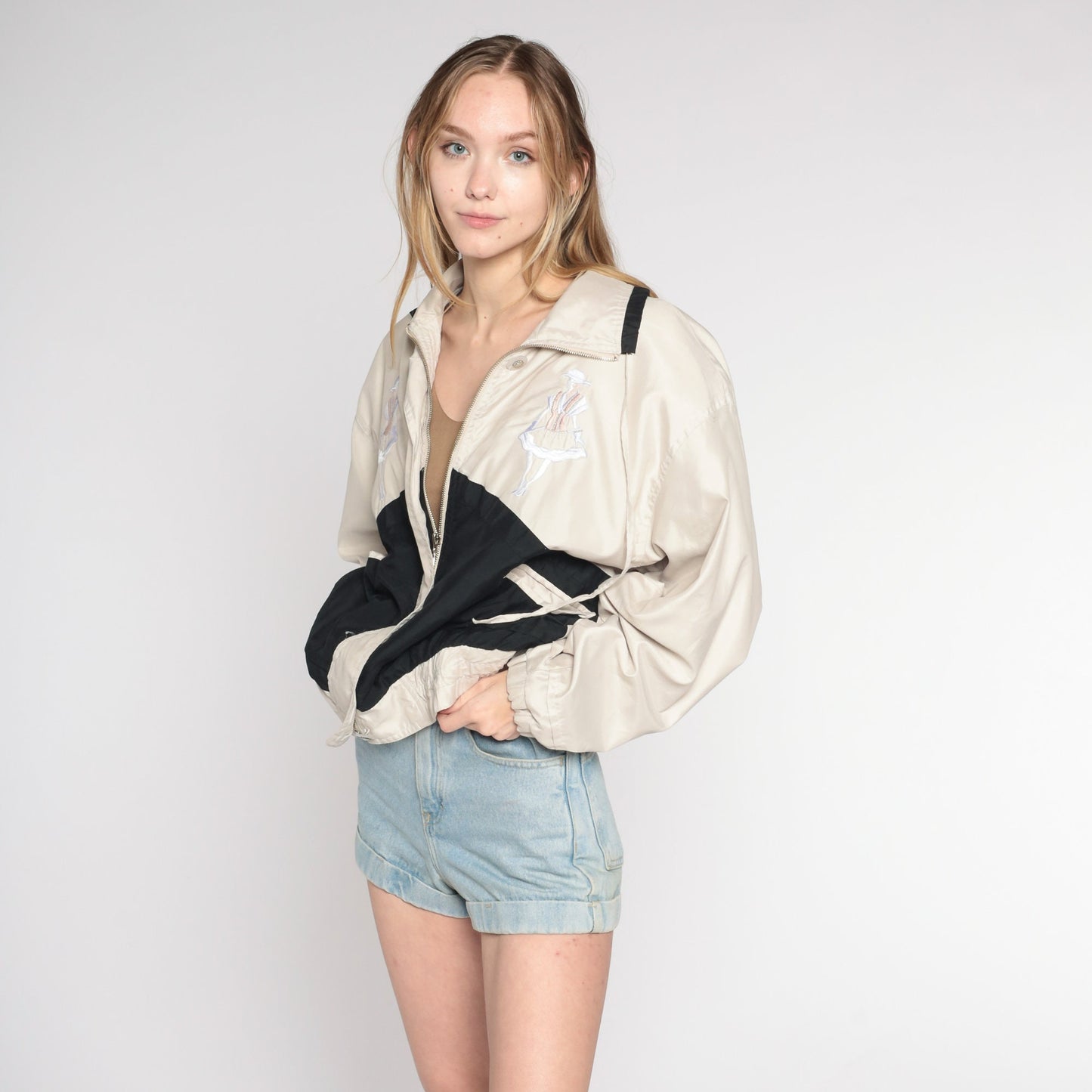 00s Windbreaker Beige Black Color Block Embroidered Ladies Zip Jacket Large L