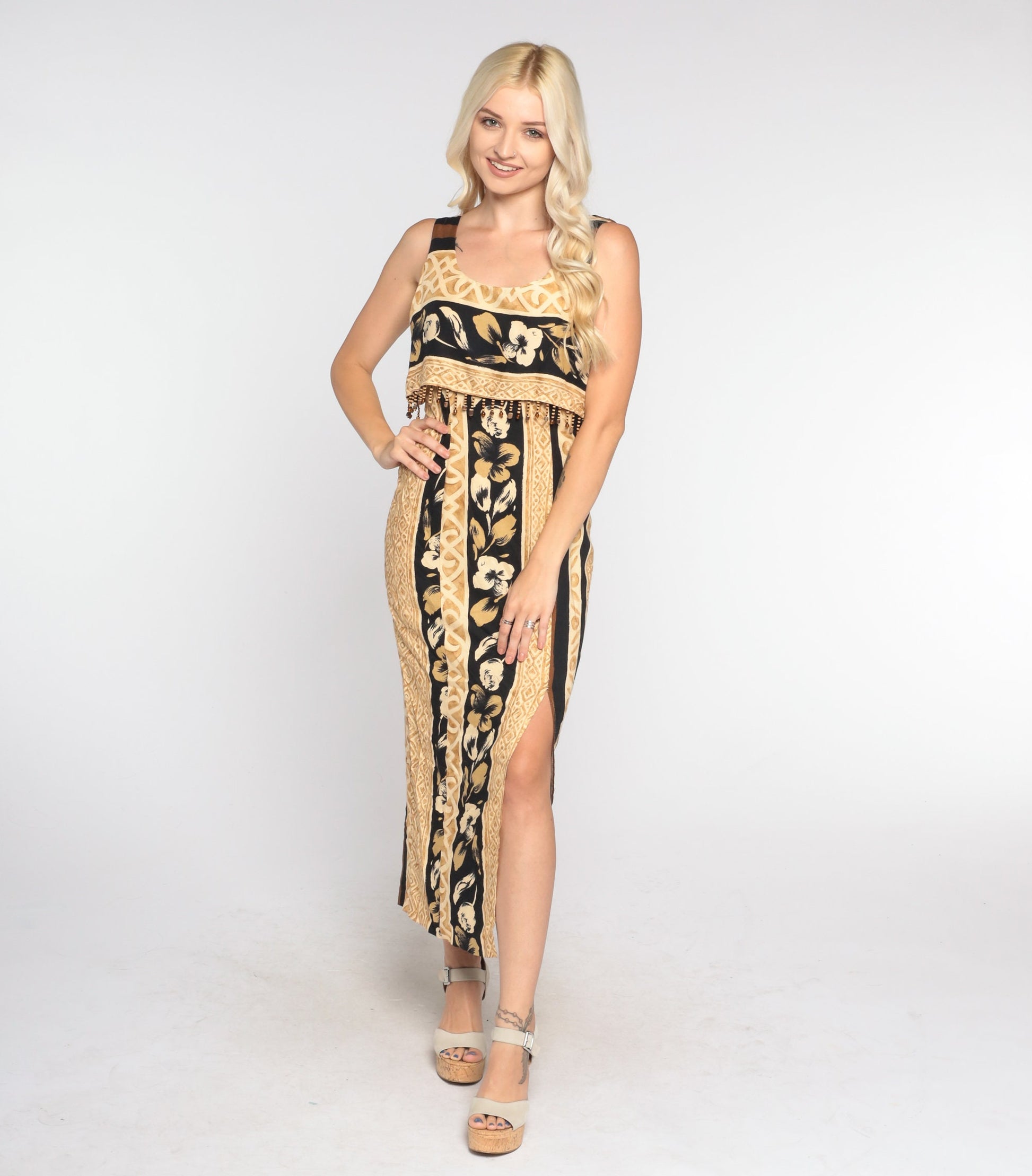90s Tropical Floral Midi Dress Beaded Bodice Front Slit Sleeveless Extra Small