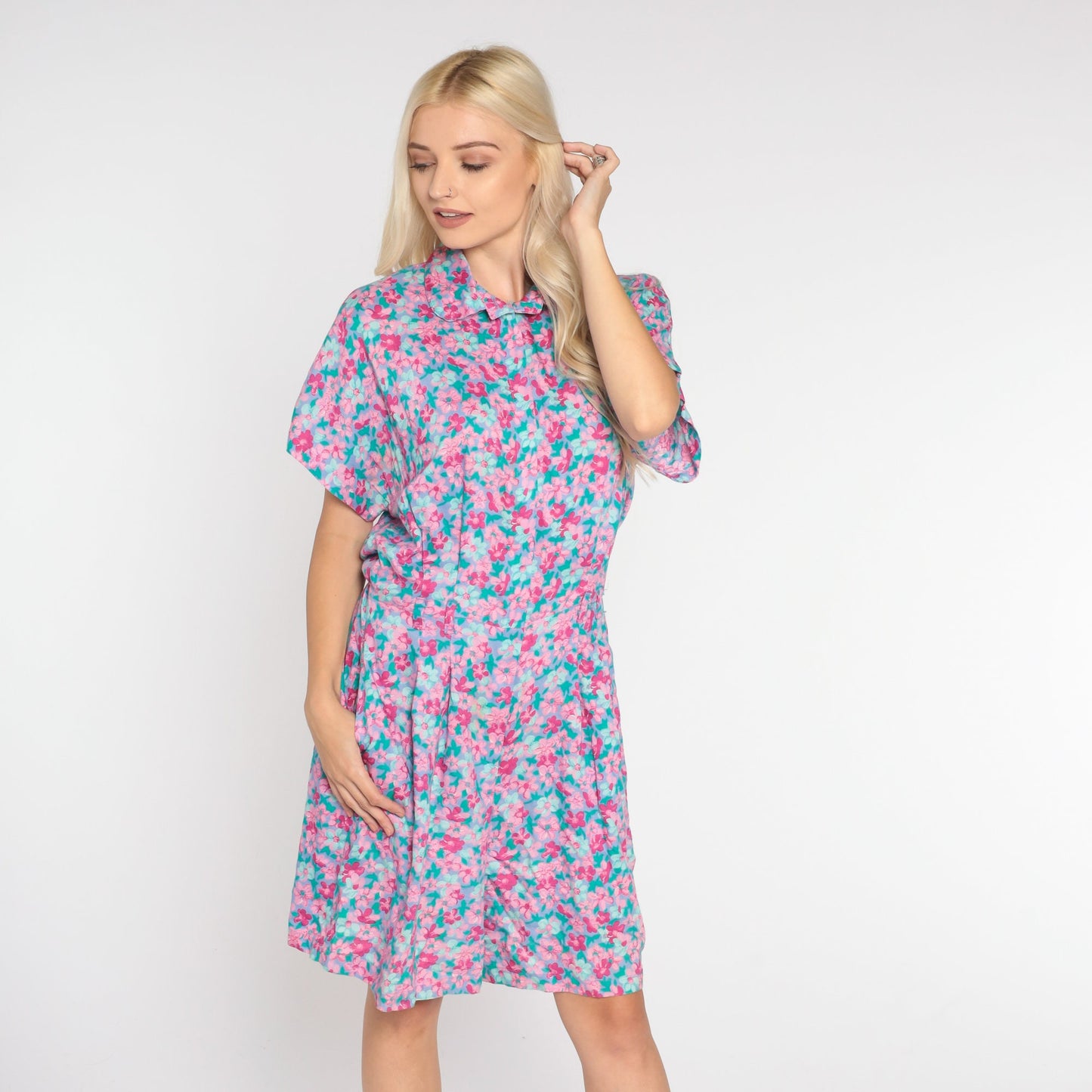 90s Floral Romper Purple Pink High-Waisted Shorts Playsuit Medium