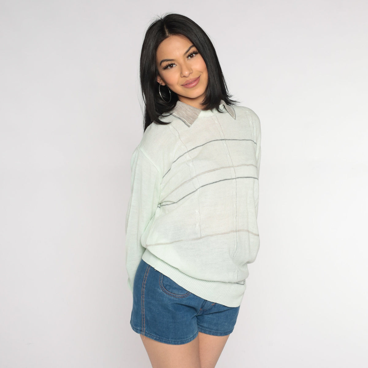 80s Light Green Cable Knit Collared Pullover Sweater Striped Grey Collar Large