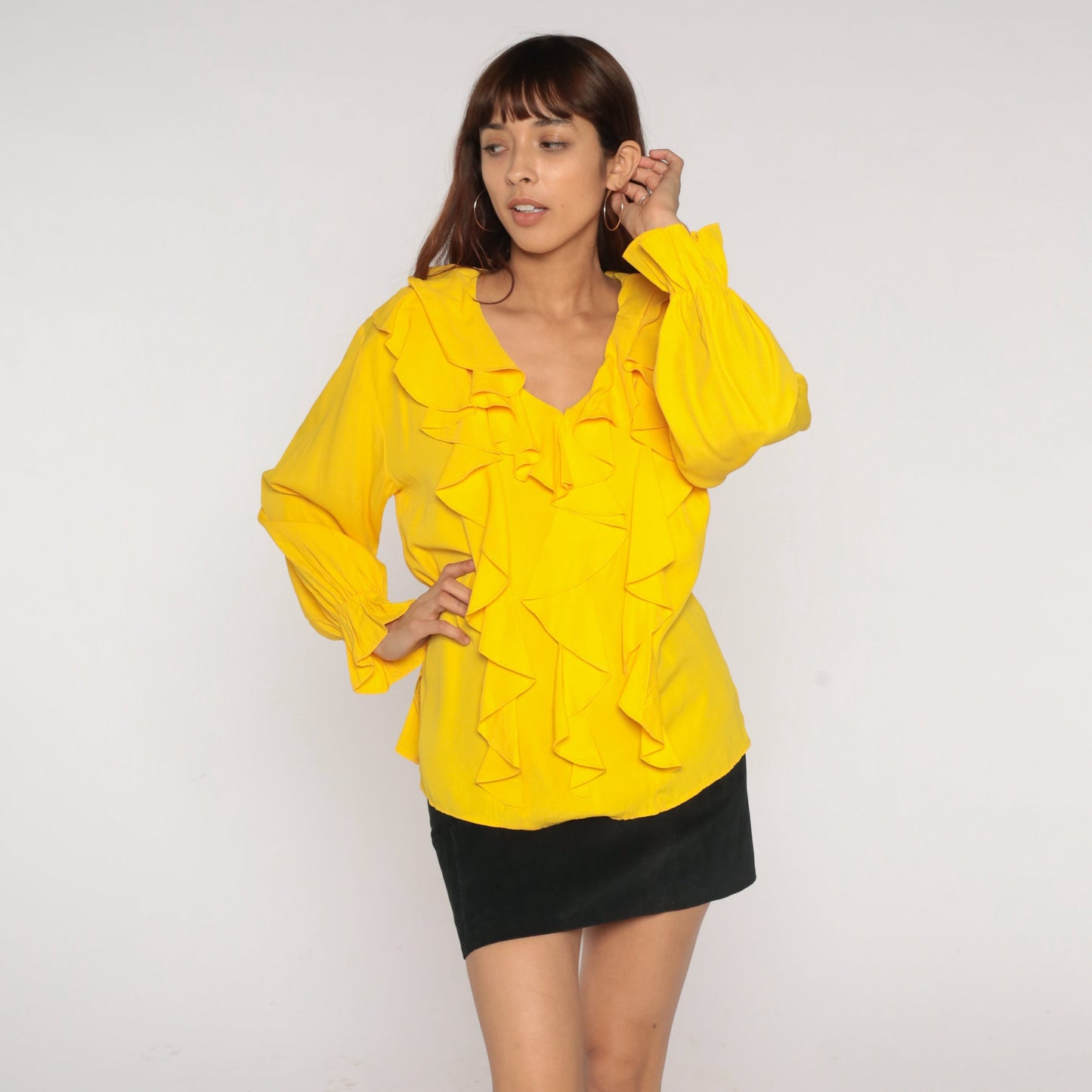 90s Yellow Ruffle Long Sleeve Blouse V Neck Small
