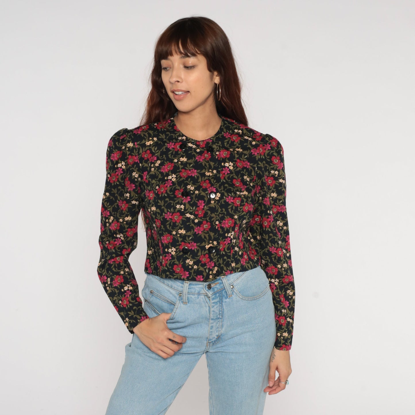 80s Black Floral Puff Sleeve Button-Up Blouse Double Breasted Medium
