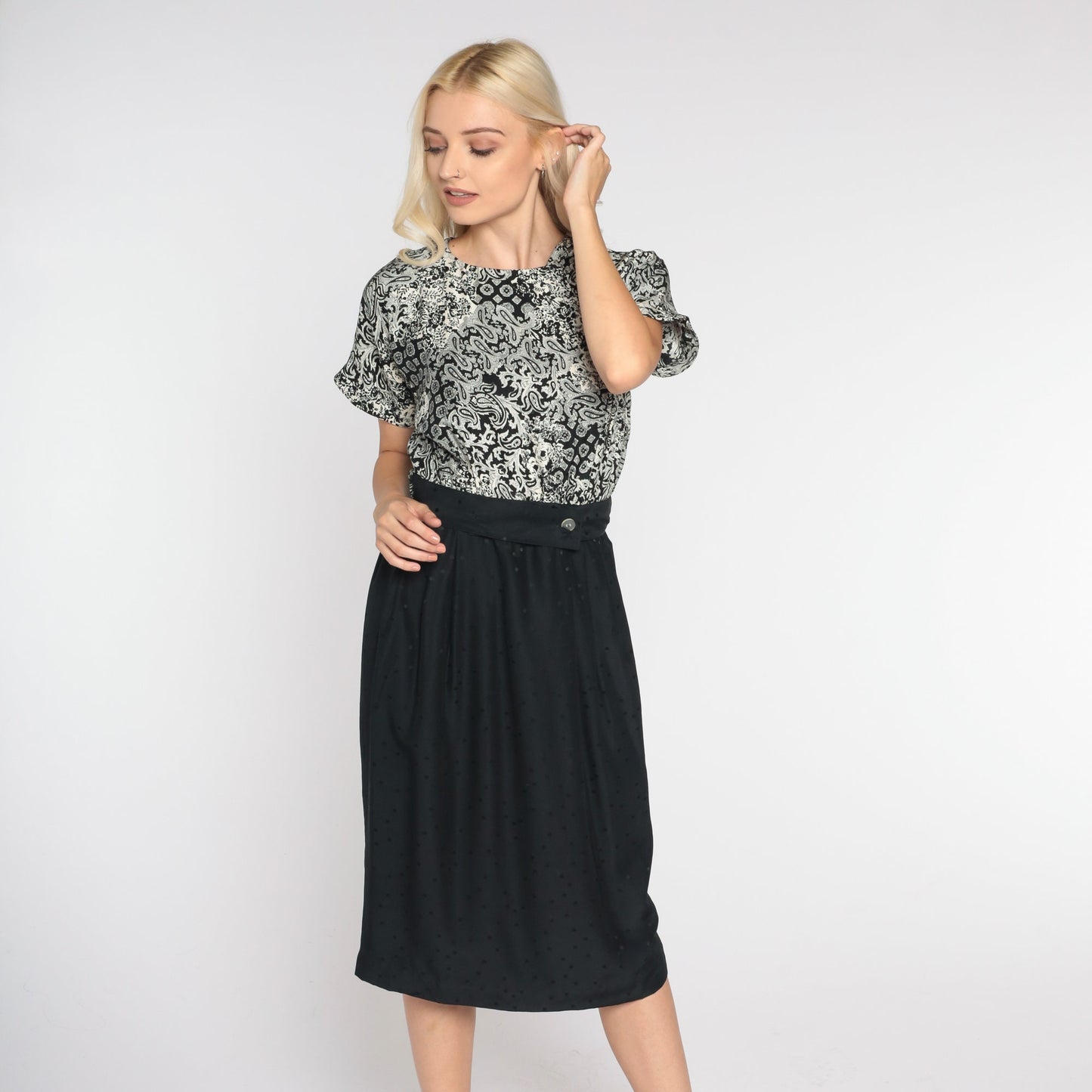 90s Black White Silk Midi Pencil Dress Abstract Floral Paisley Print Small 6