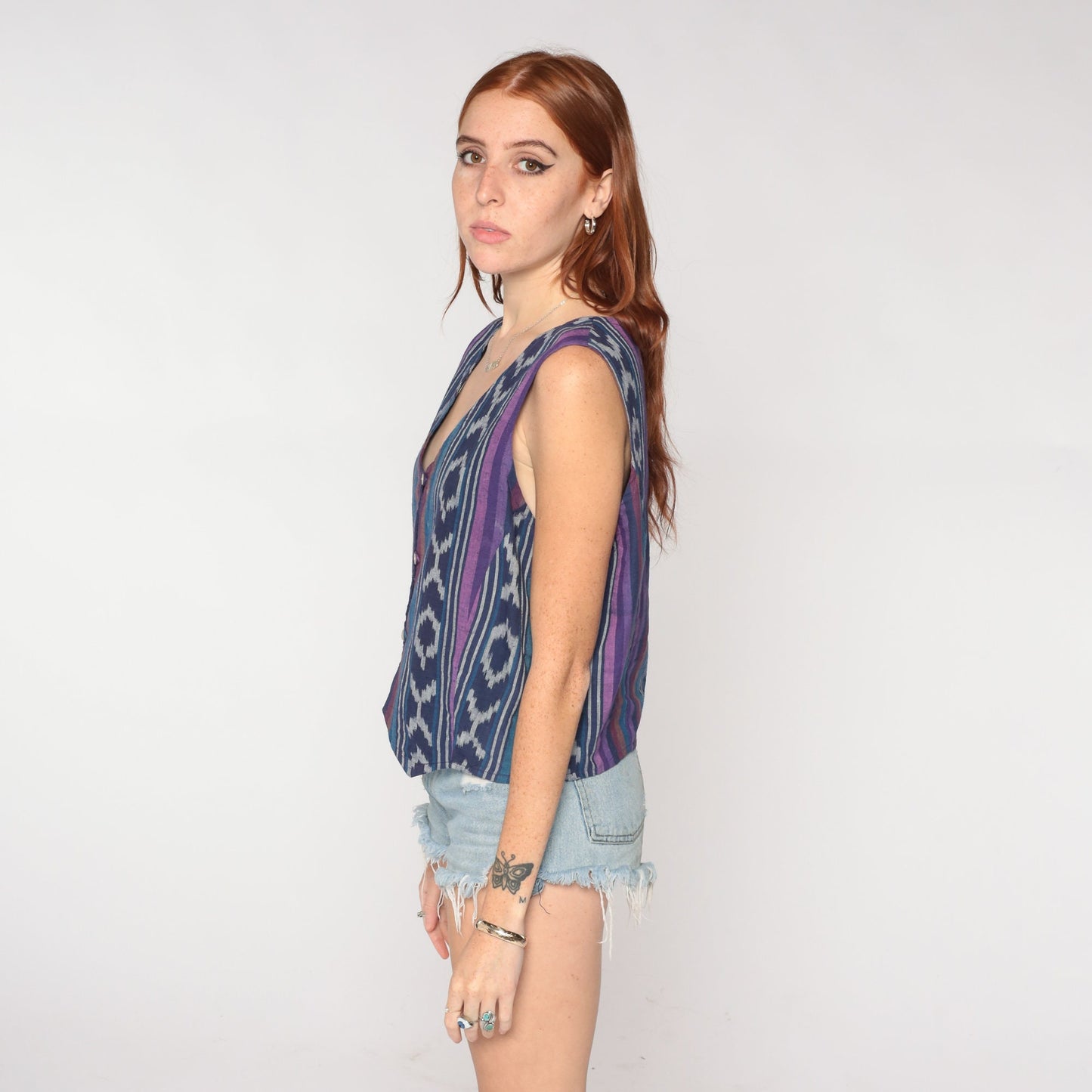 90s Blue Ikat Striped Button-Up Vest Cotton Sleeveless Top Medium