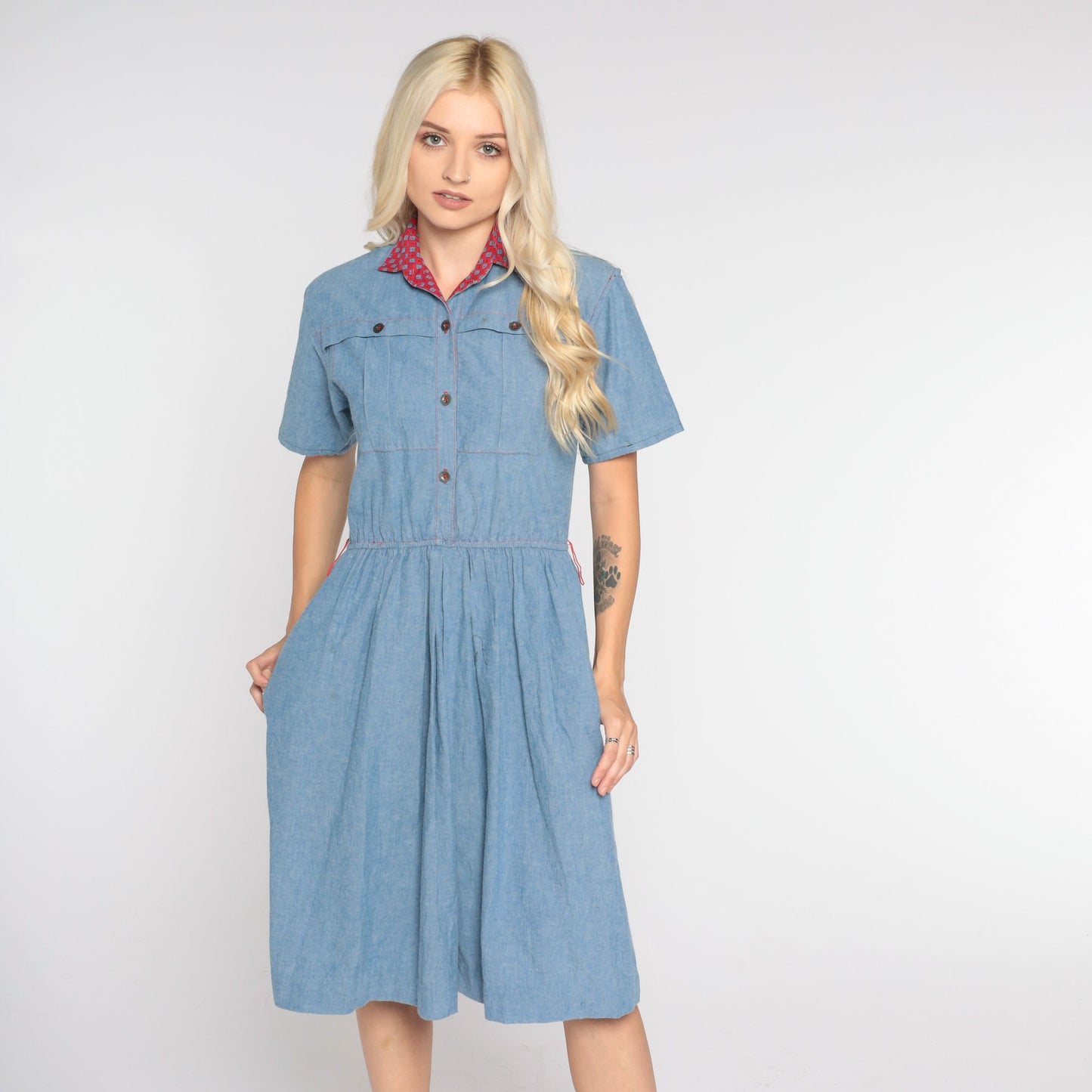 80s Blue Denim Mini Dress Red Collar Button-Up High Waist Small Medium