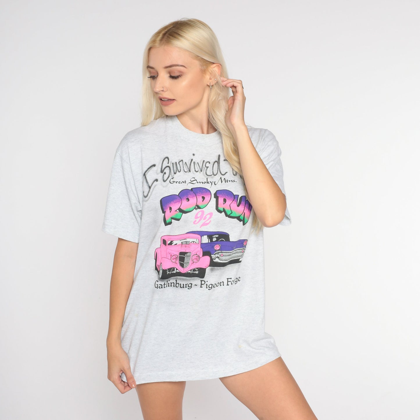 1992 Great Smoky Mountains Rod Run Graphic Tee Grey Classic Car 90s Large