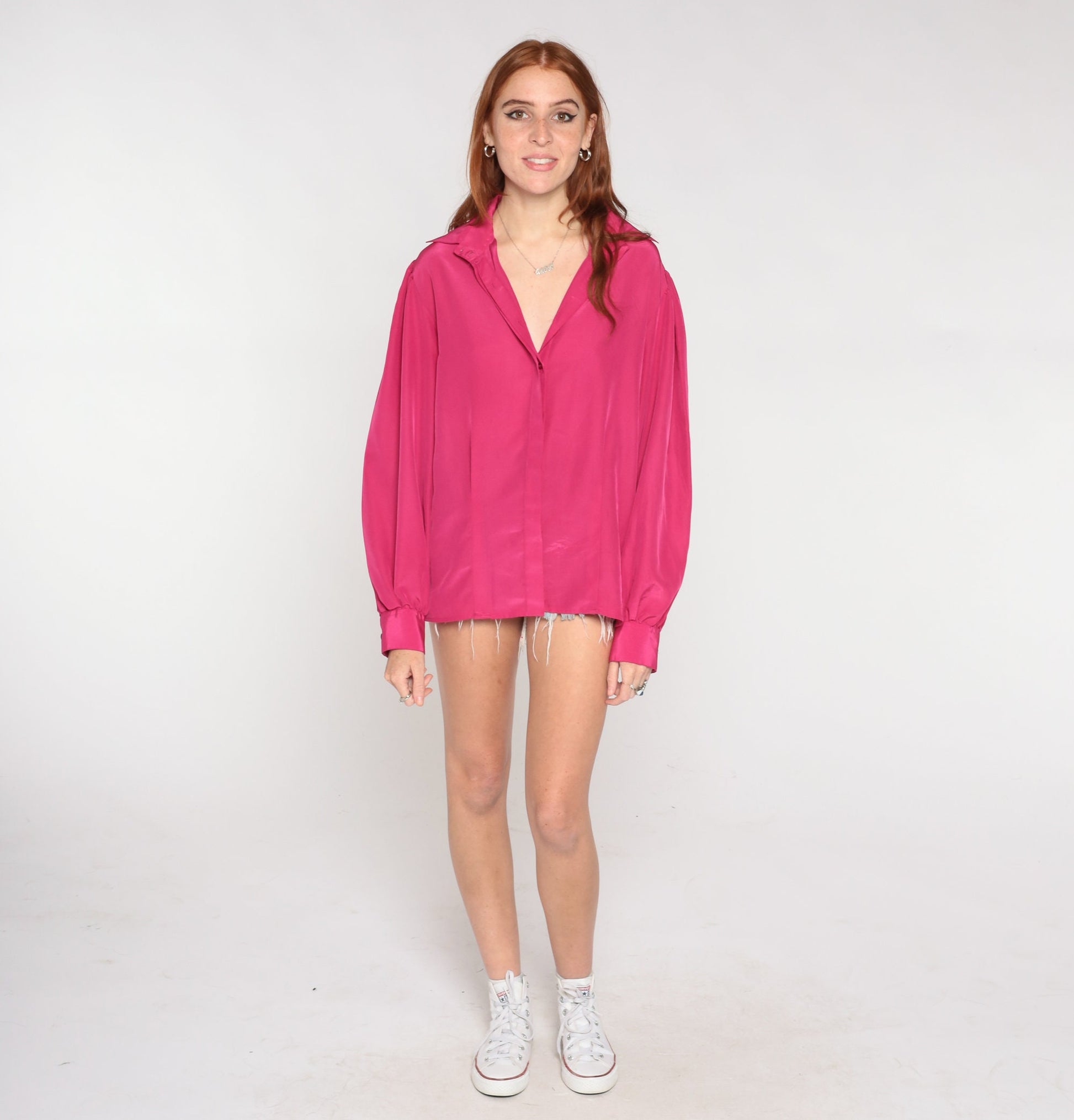 80s Fuchsia Puff Sleeve Blouse Hidden Button Up Shirt Large L