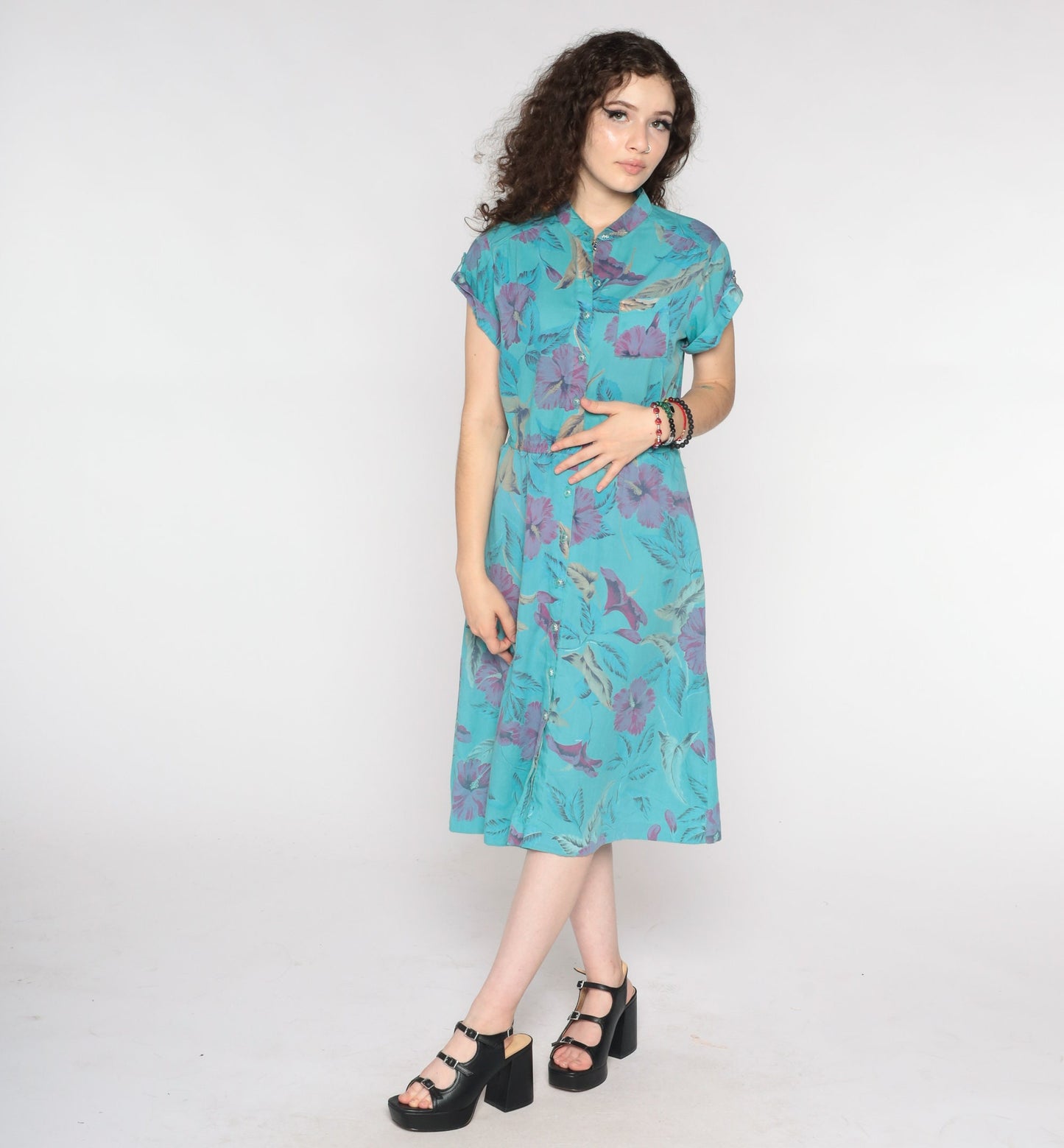 80s Floral Midi Shirtdress Blue Flower Print Button-Up High Waist Medium