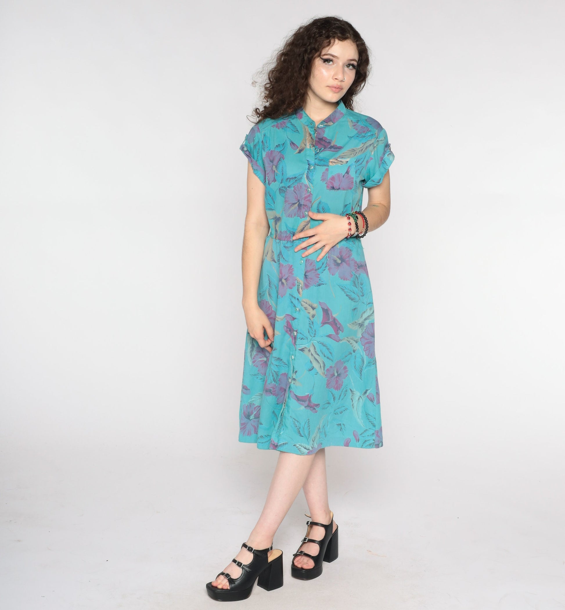 80s Floral Midi Shirtdress Blue Flower Print Button-Up High Waist Medium